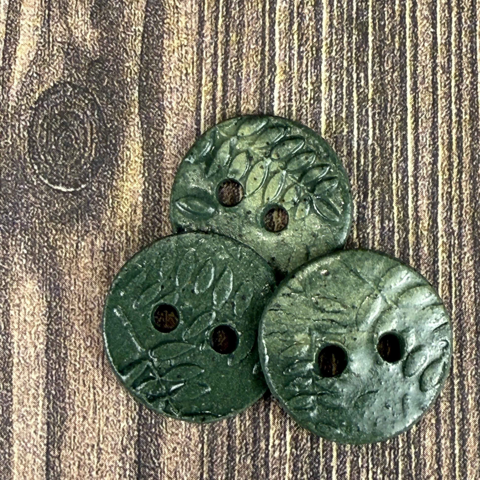 5 Tiny Green Porcelain Buttons with Fern Pattern