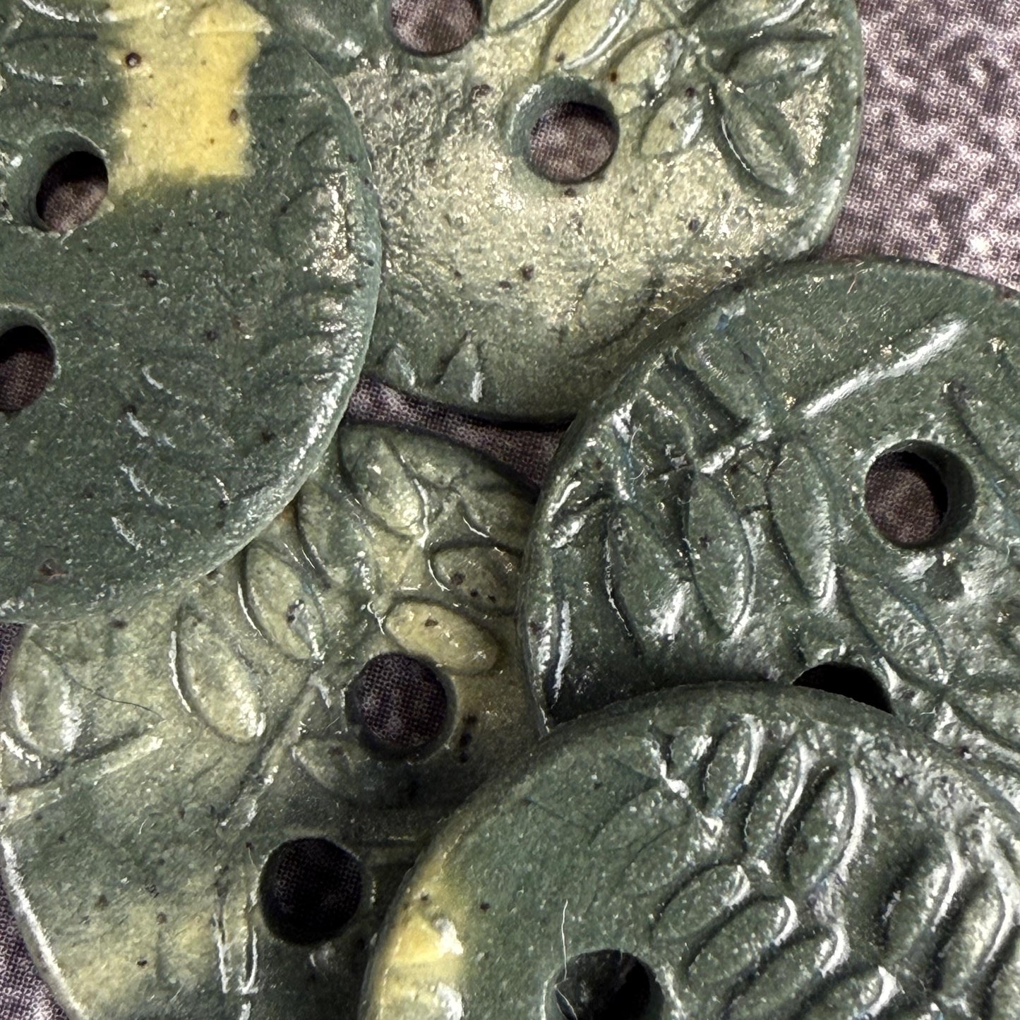 5 Tiny Green Porcelain Buttons with Fern Pattern