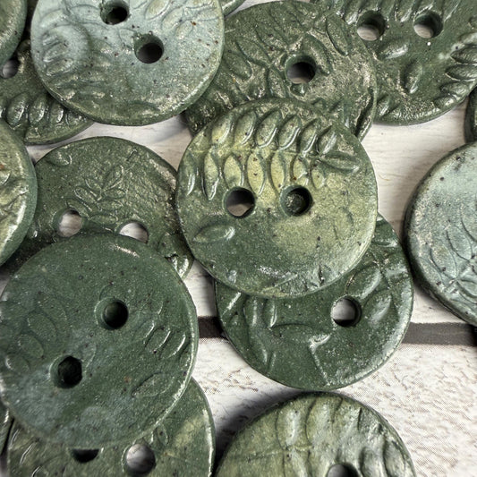 5 Tiny Green Porcelain Buttons with Fern Pattern