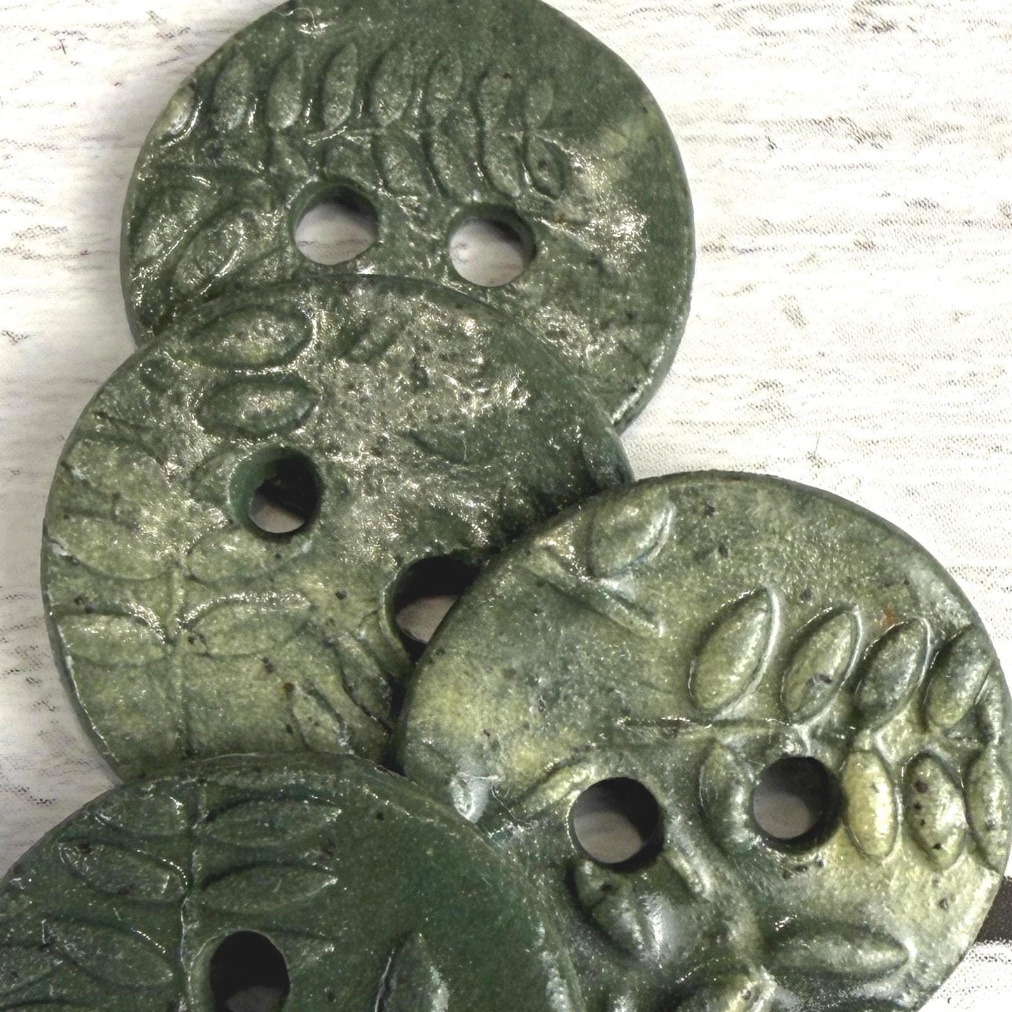 5 Tiny Green Porcelain Buttons with Fern Pattern