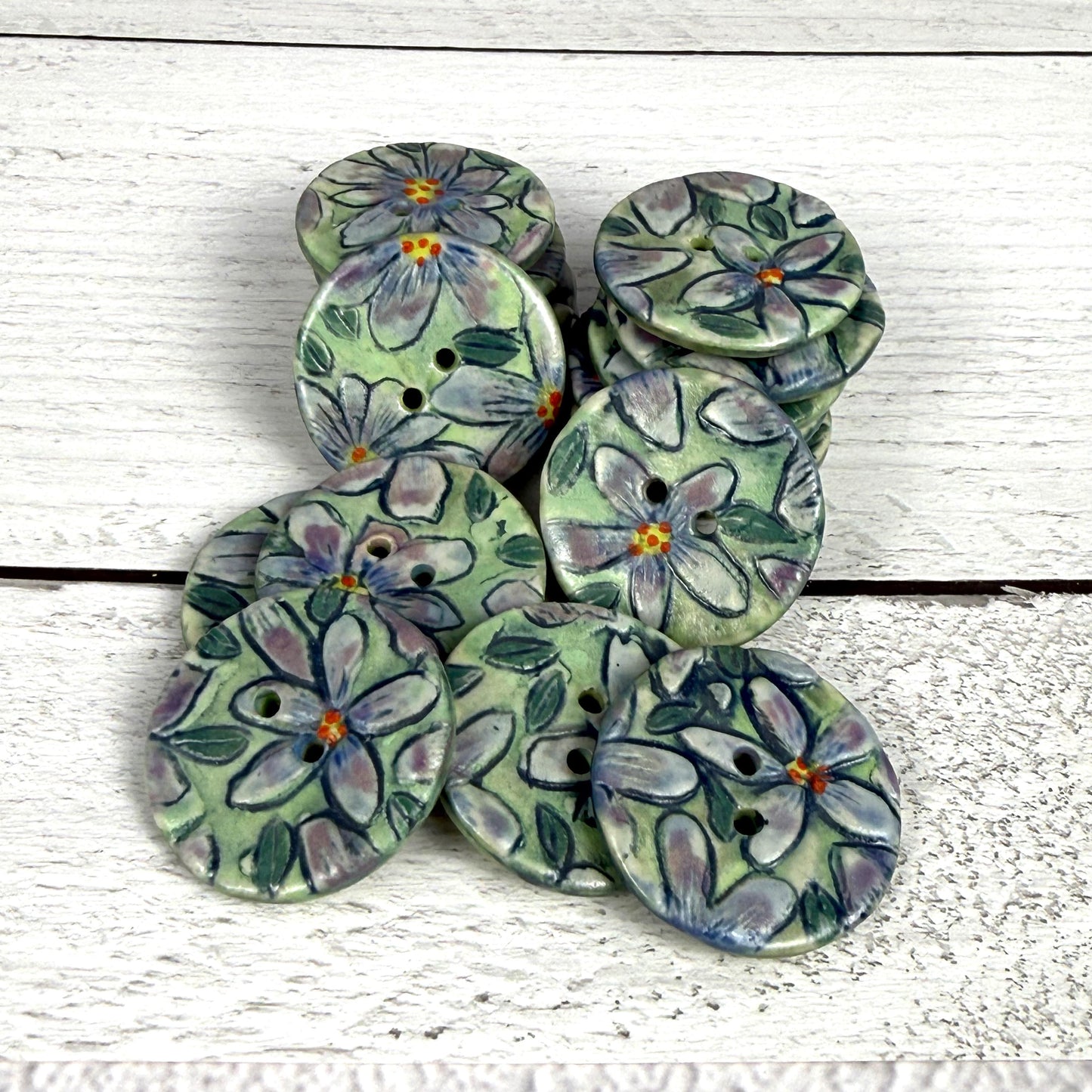 Purple Flowers on Green Round Buttons