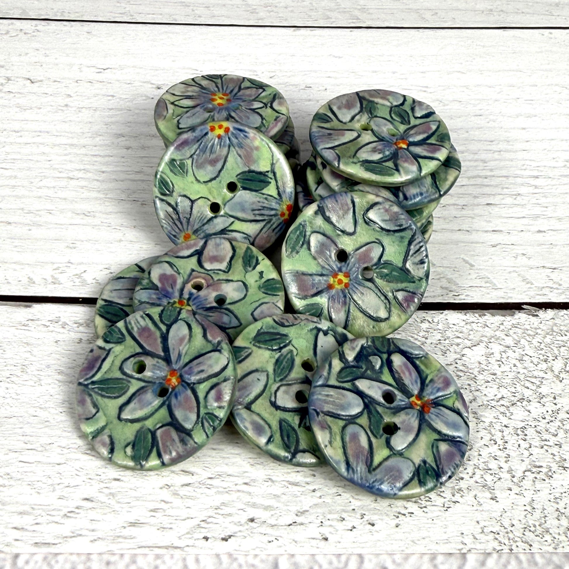 Purple Flowers on Green Round Buttons