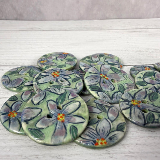 Purple Flowers on Green Round Buttons