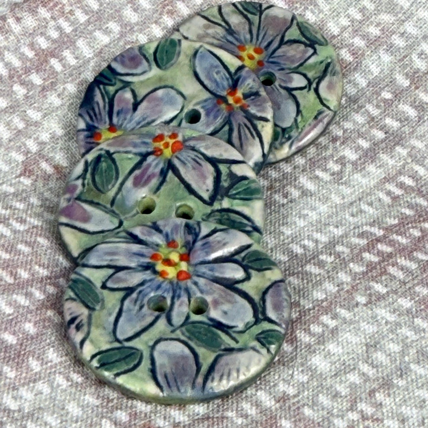Purple Flowers on Green Round Buttons