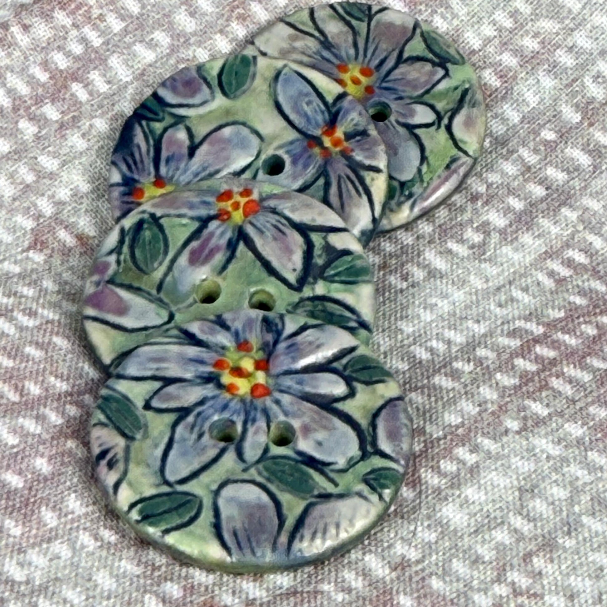 Purple Flowers on Green Round Buttons