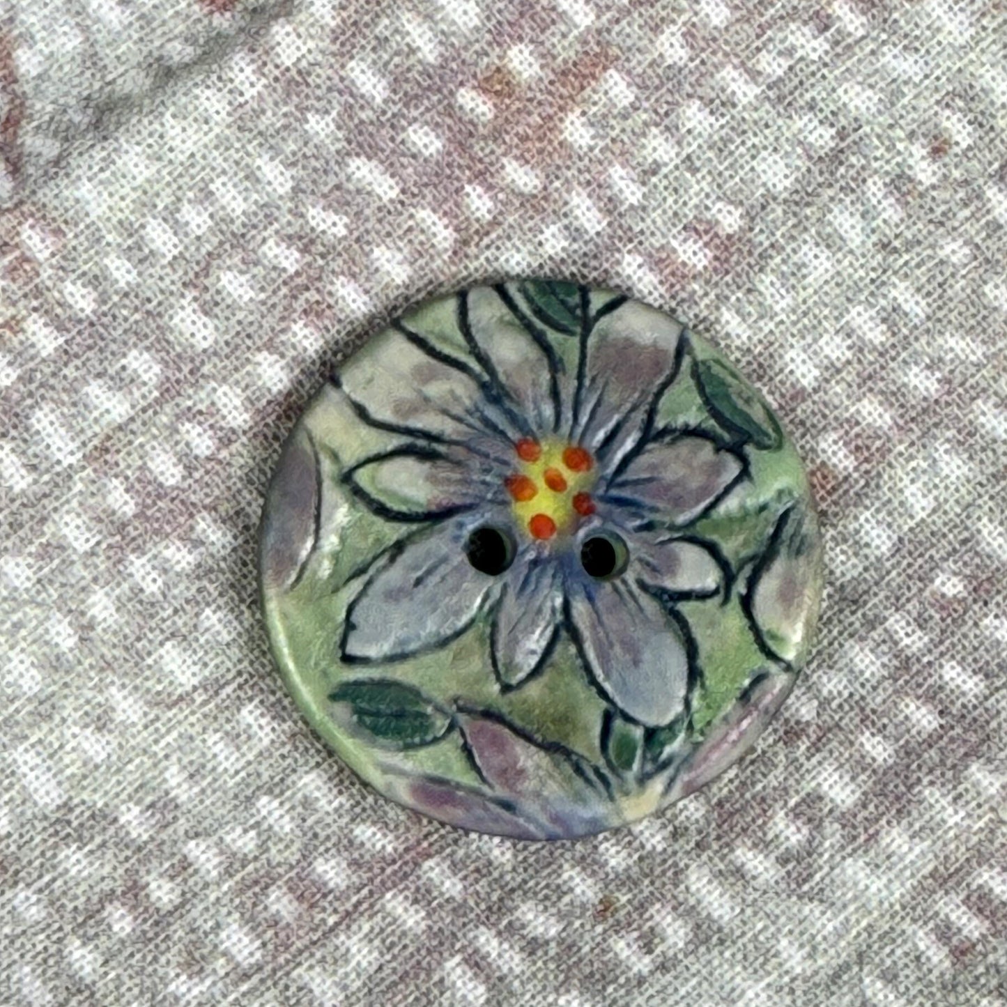 Purple Flowers on Green Round Buttons