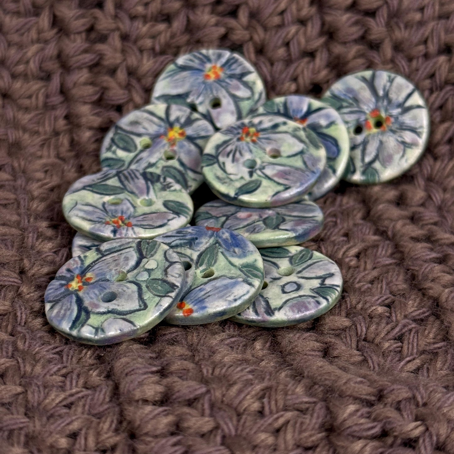 Small Purple Flowers on Green Round Buttons