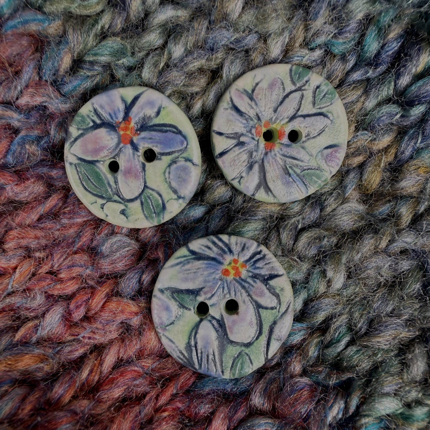 Small Purple Flowers on Green Round Buttons