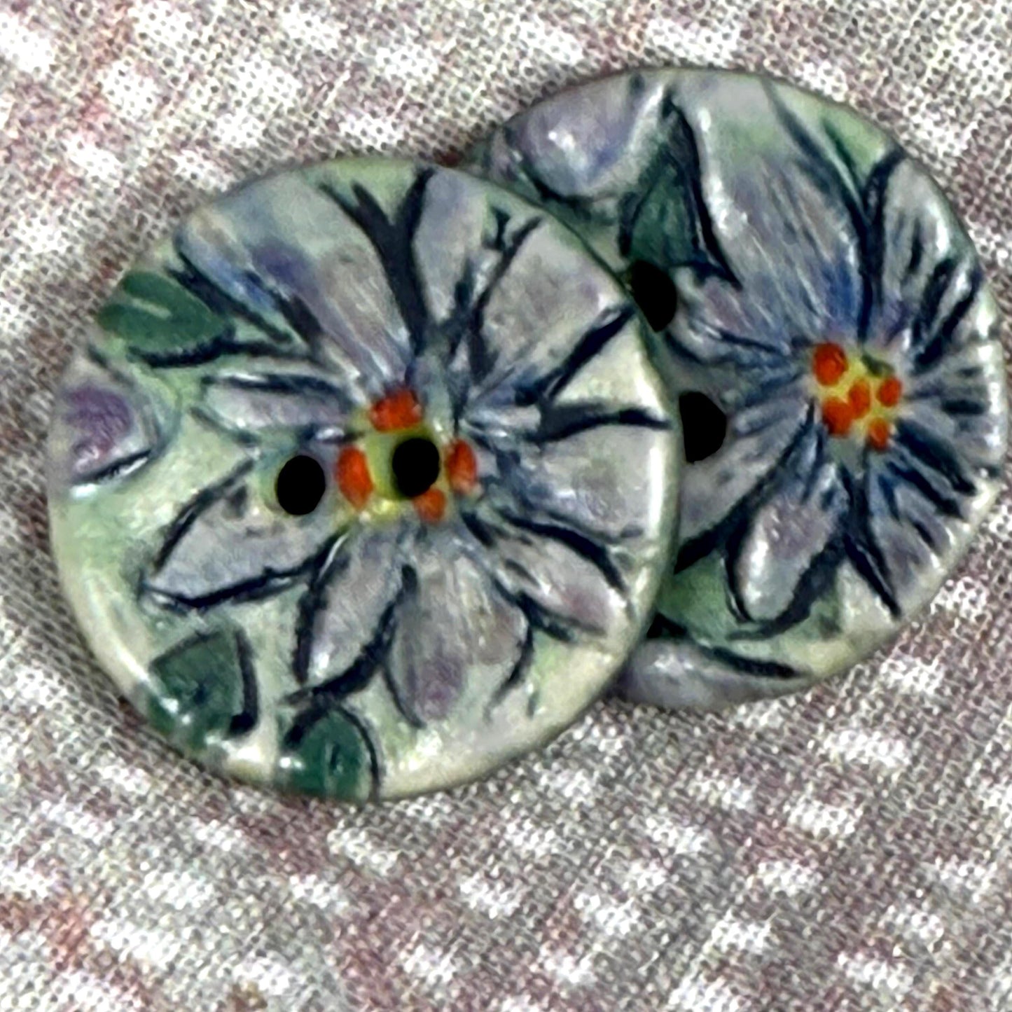 Small Purple Flowers on Green Round Buttons