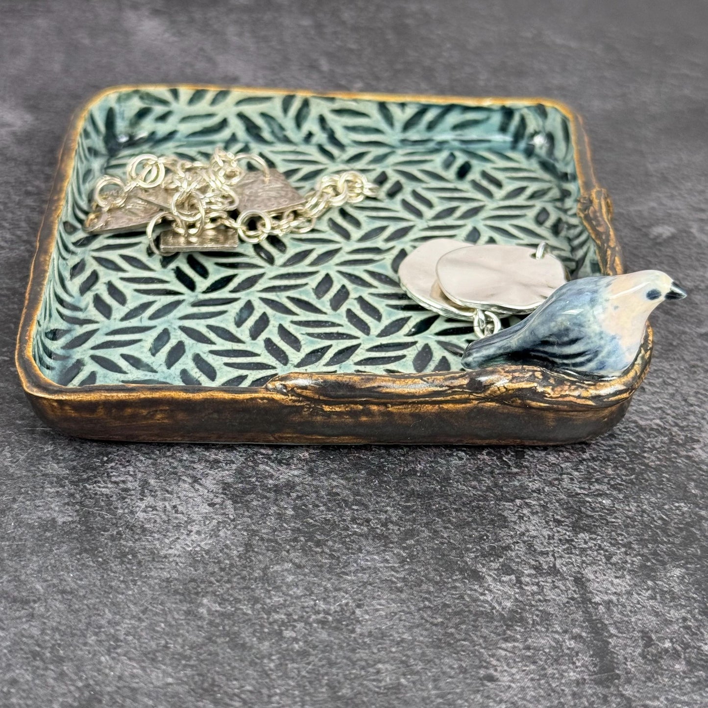 Leaves and Branches Trinket Dish with Small Bird