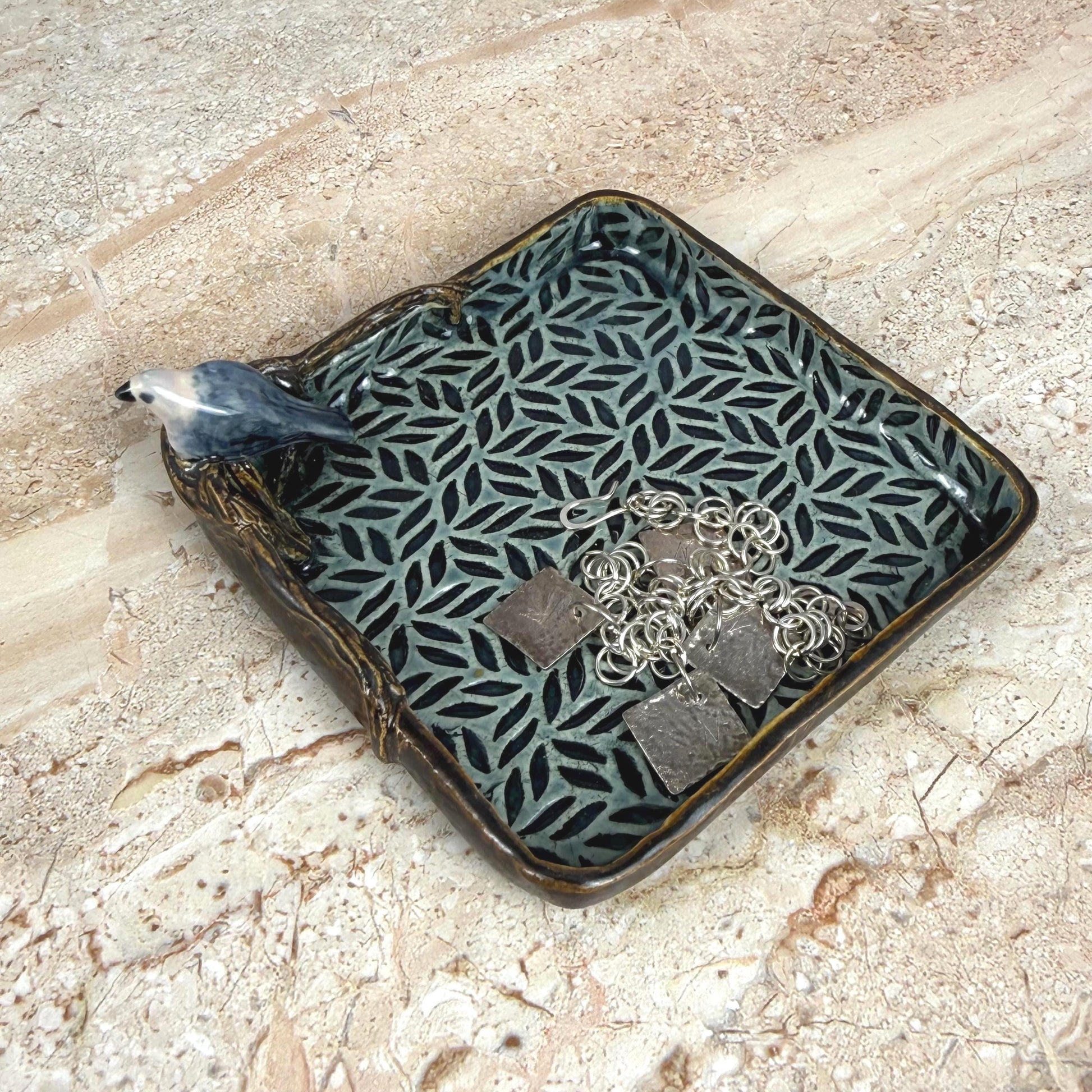 Leaves and Branches Trinket Dish with Small Bird
