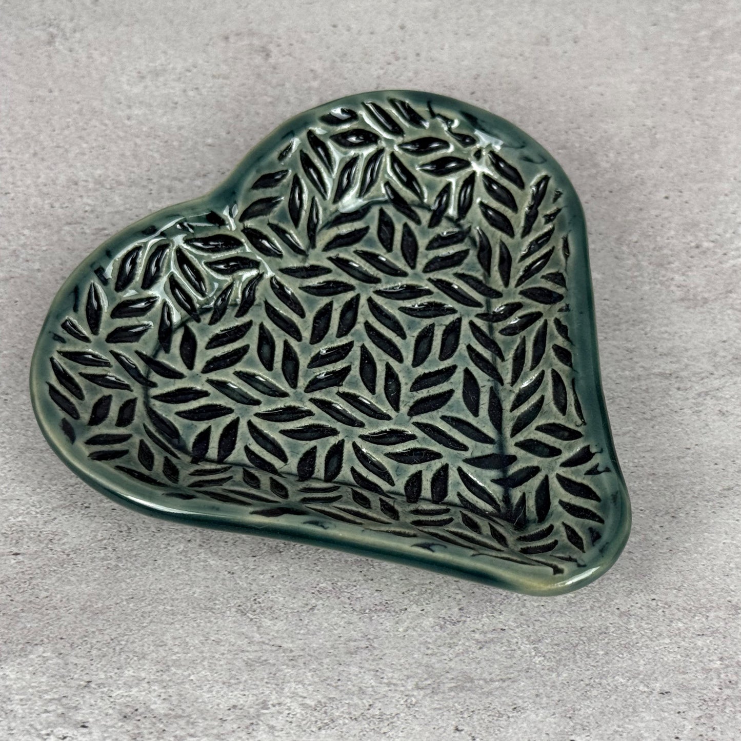 Sage Green Leaf Patterned Heart Shaped Dish