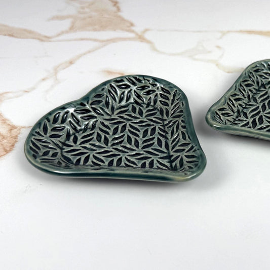 Sage Green Leaf Patterned Heart Shaped Dish
