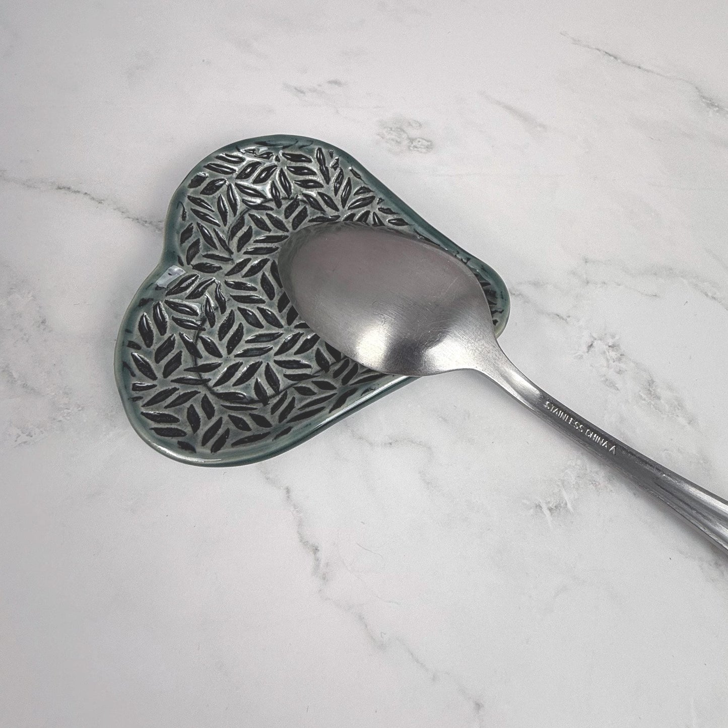 Sage Green Leaf Patterned Heart Shaped Dish