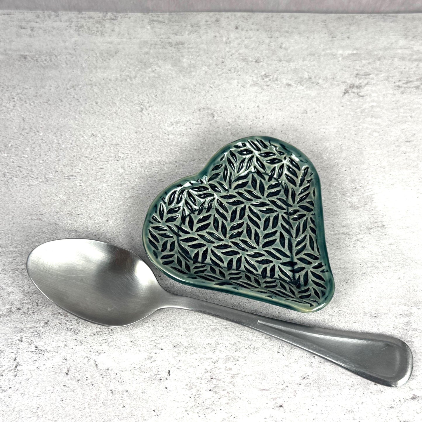 Sage Green Leaf Patterned Heart Shaped Dish