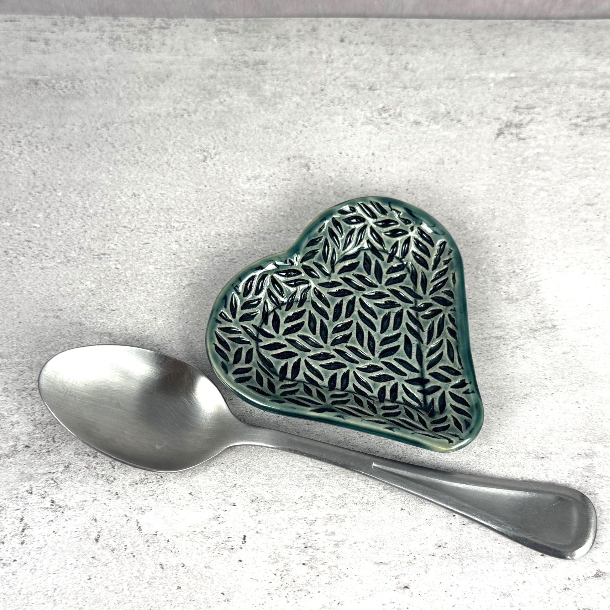Sage Green Leaf Patterned Heart Shaped Dish