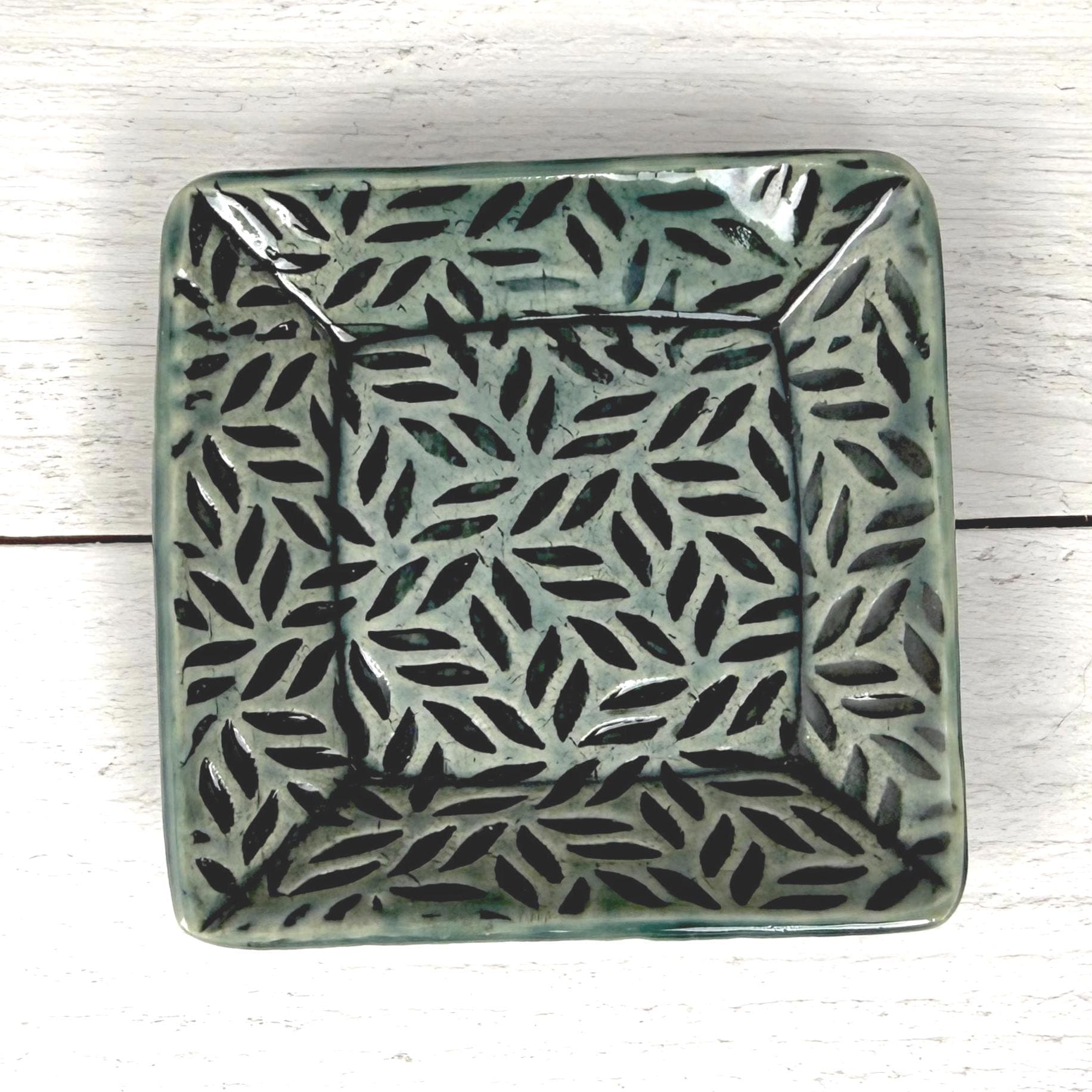 Sage Green Leaf Patterned Square Dish