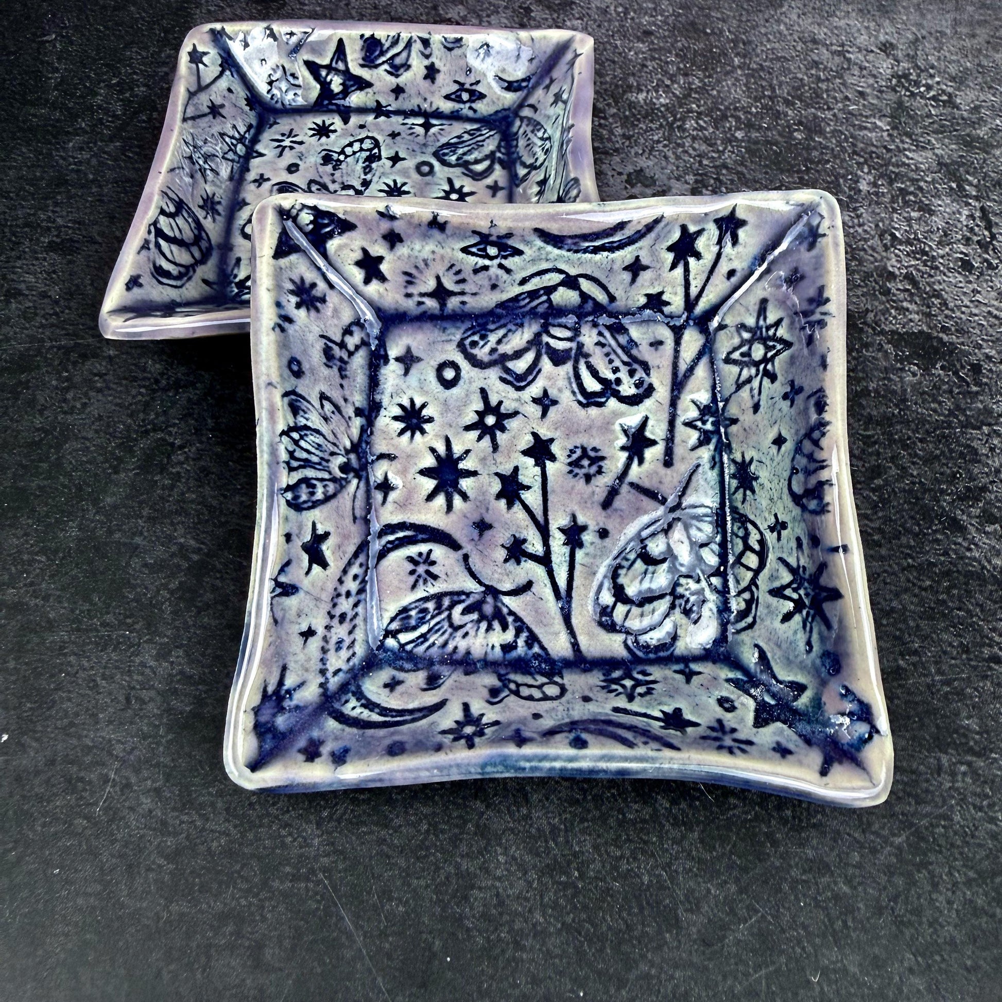 Lavender and Purple Trinket Dishes with Moth Pattern