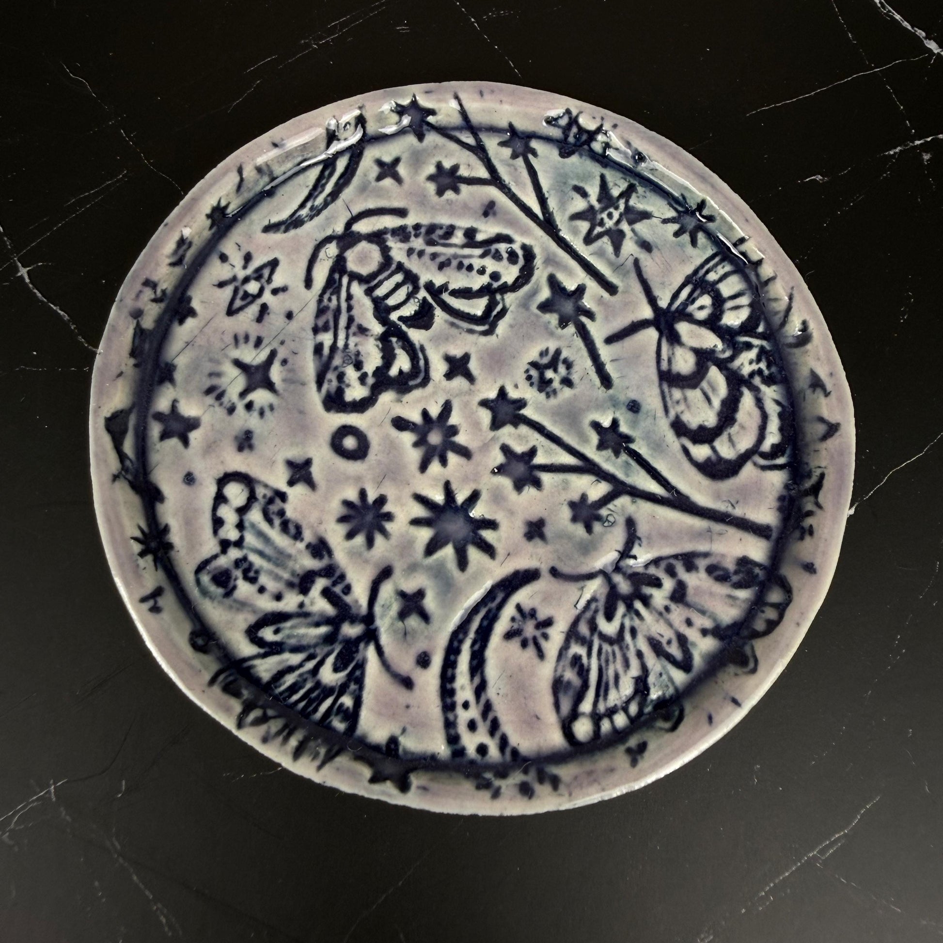 Lavender and Purple Trinket Dishes with Moth Pattern