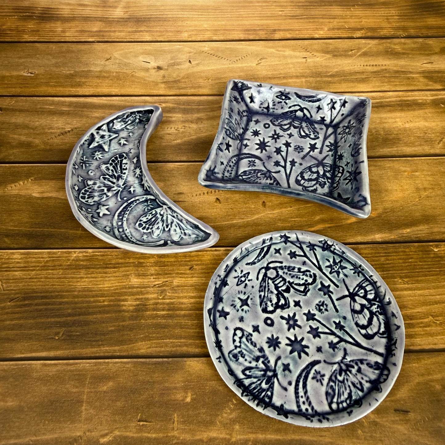 Lavender and Purple Trinket Dishes with Moth Pattern