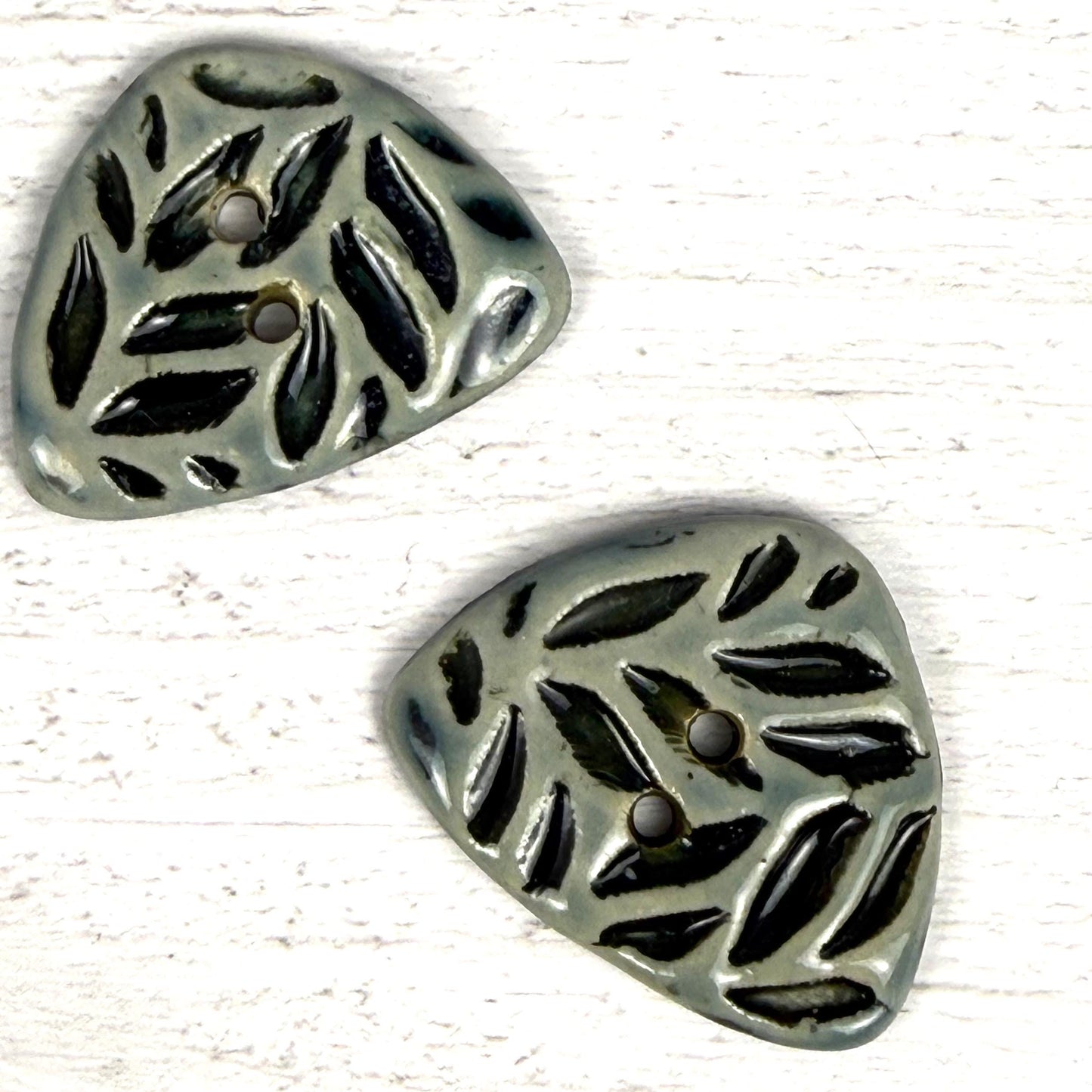 Triangular Shaped Buttons in Light Sage with Dark Sage Leaf Pattern