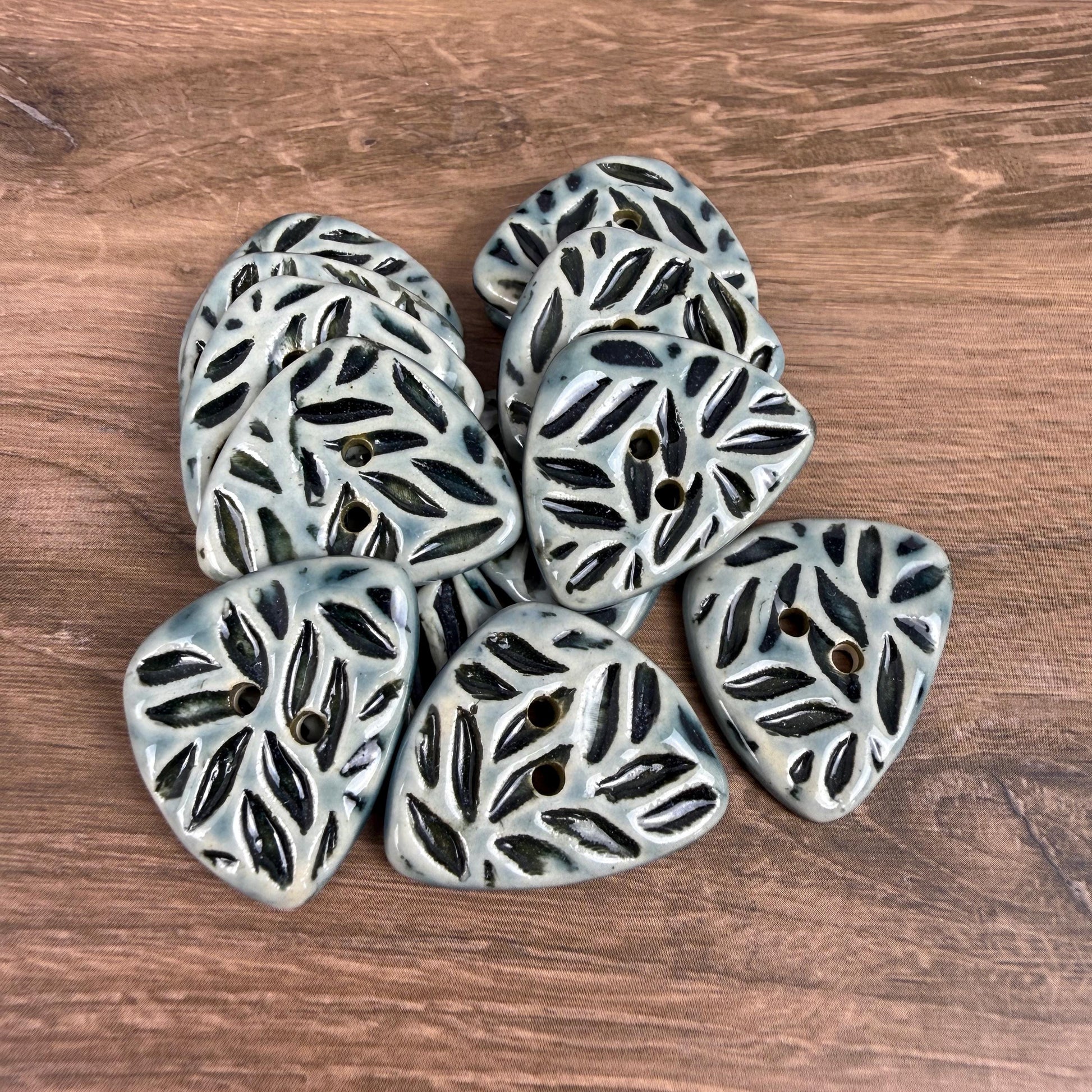 Triangular Shaped Buttons in Light Sage with Dark Sage Leaf Pattern