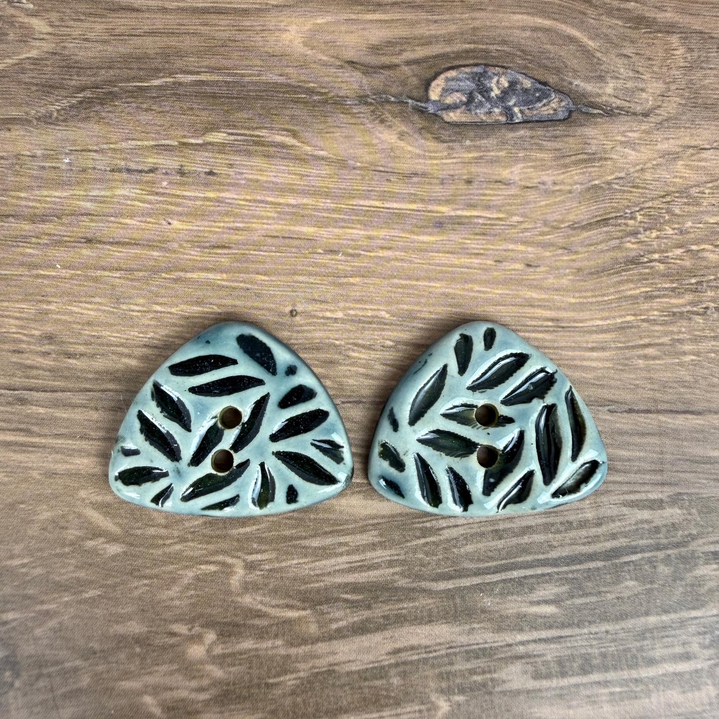 Triangular Shaped Buttons in Light Sage with Dark Sage Leaf Pattern