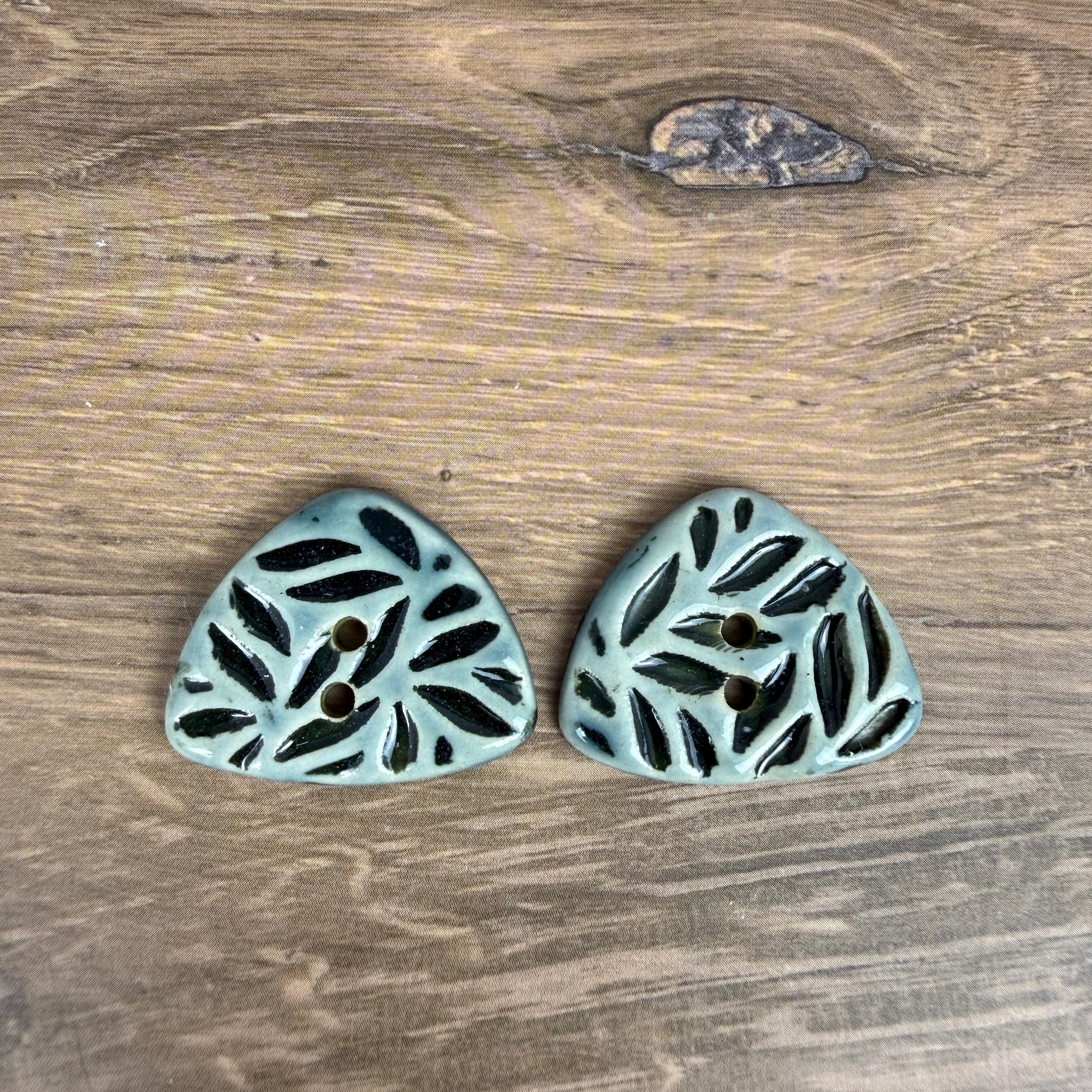 Triangular Shaped Buttons in Light Sage with Dark Sage Leaf Pattern