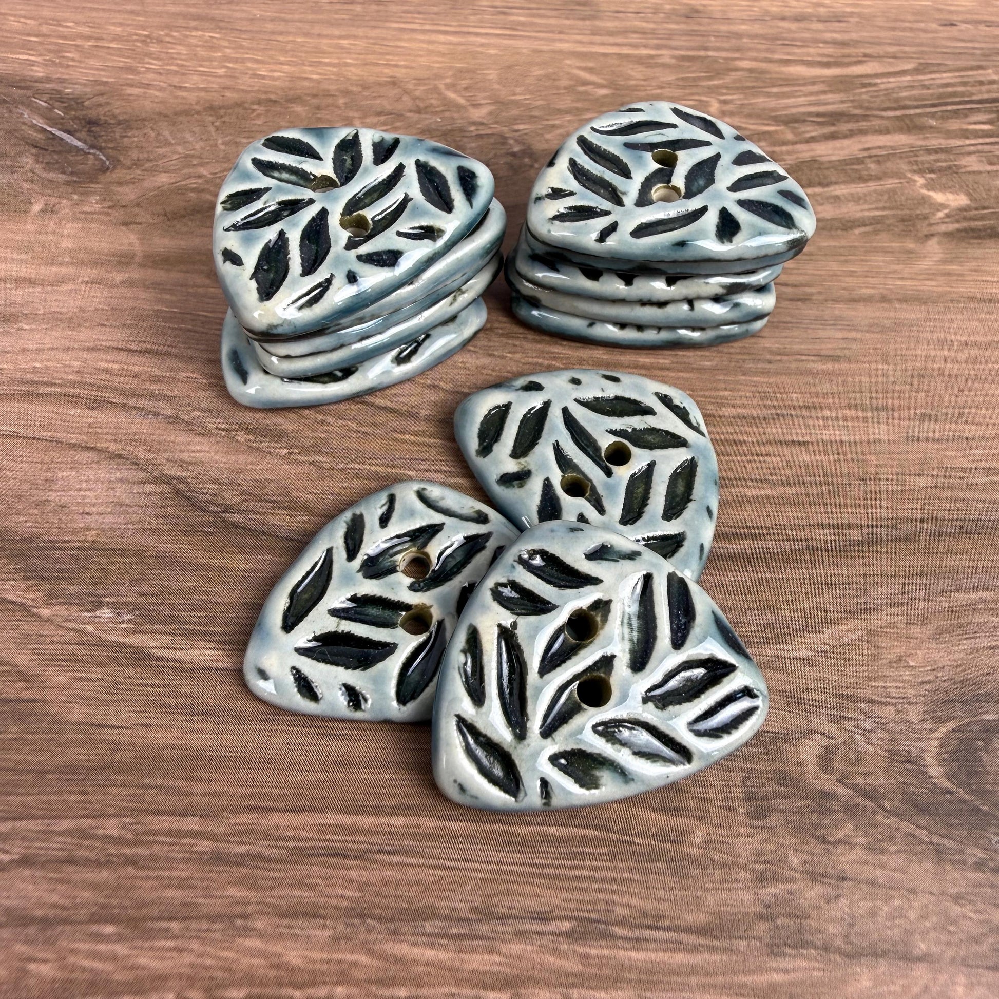 Triangular Shaped Buttons in Light Sage with Dark Sage Leaf Pattern