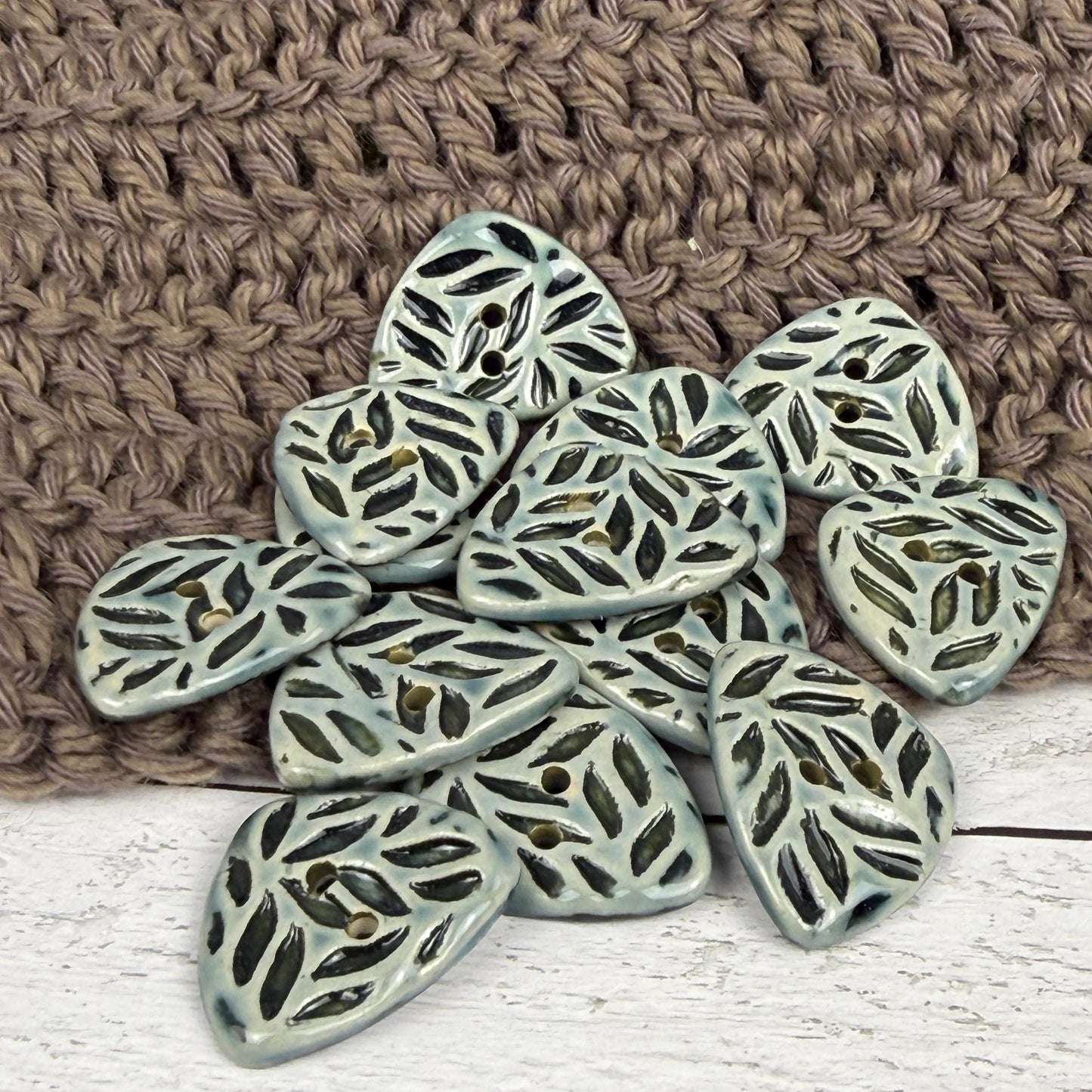 Triangular Shaped Buttons in Light Sage with Dark Sage Leaf Pattern