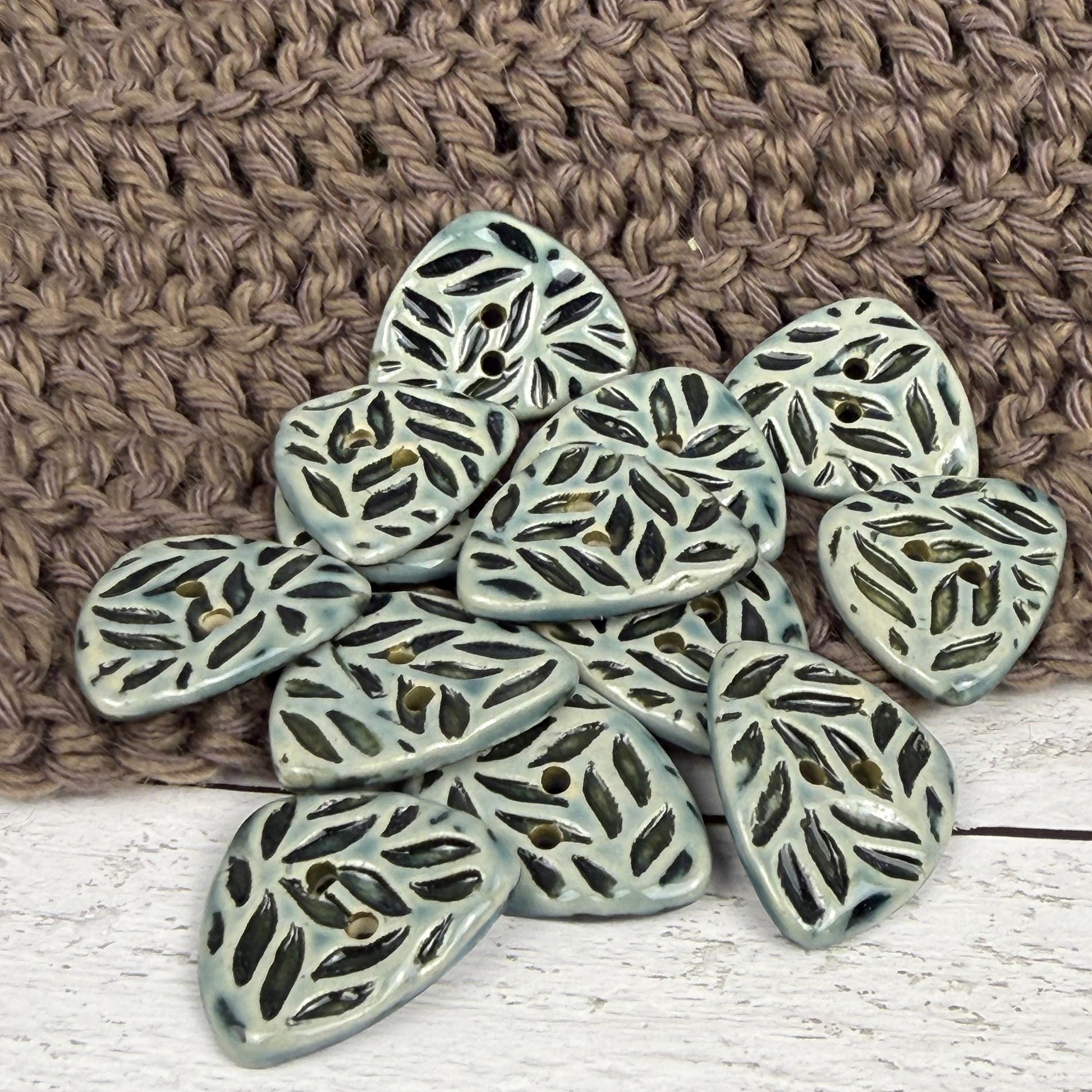 Triangular Shaped Buttons in Light Sage with Dark Sage Leaf Pattern