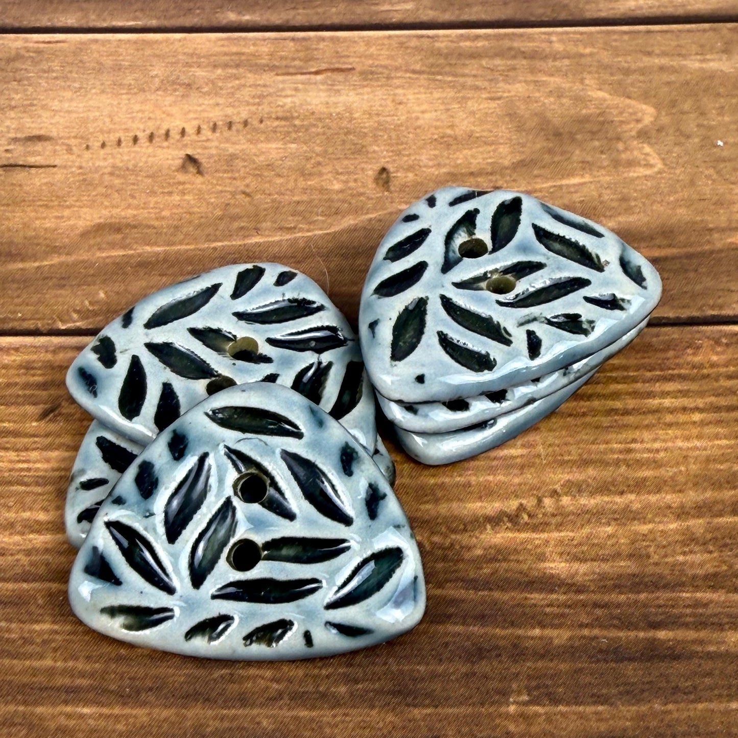 Triangular Shaped Buttons in Light Sage with Dark Sage Leaf Pattern