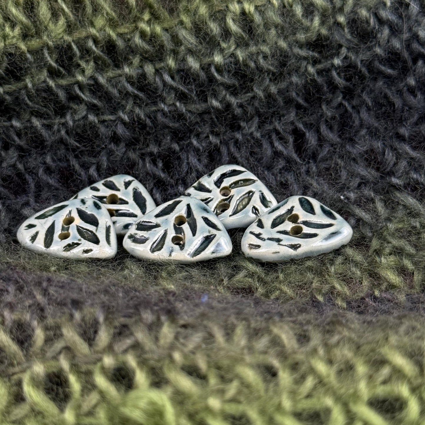 Small Triangular Shaped Buttons in Light Sage with Dark Sage Leaf Pattern