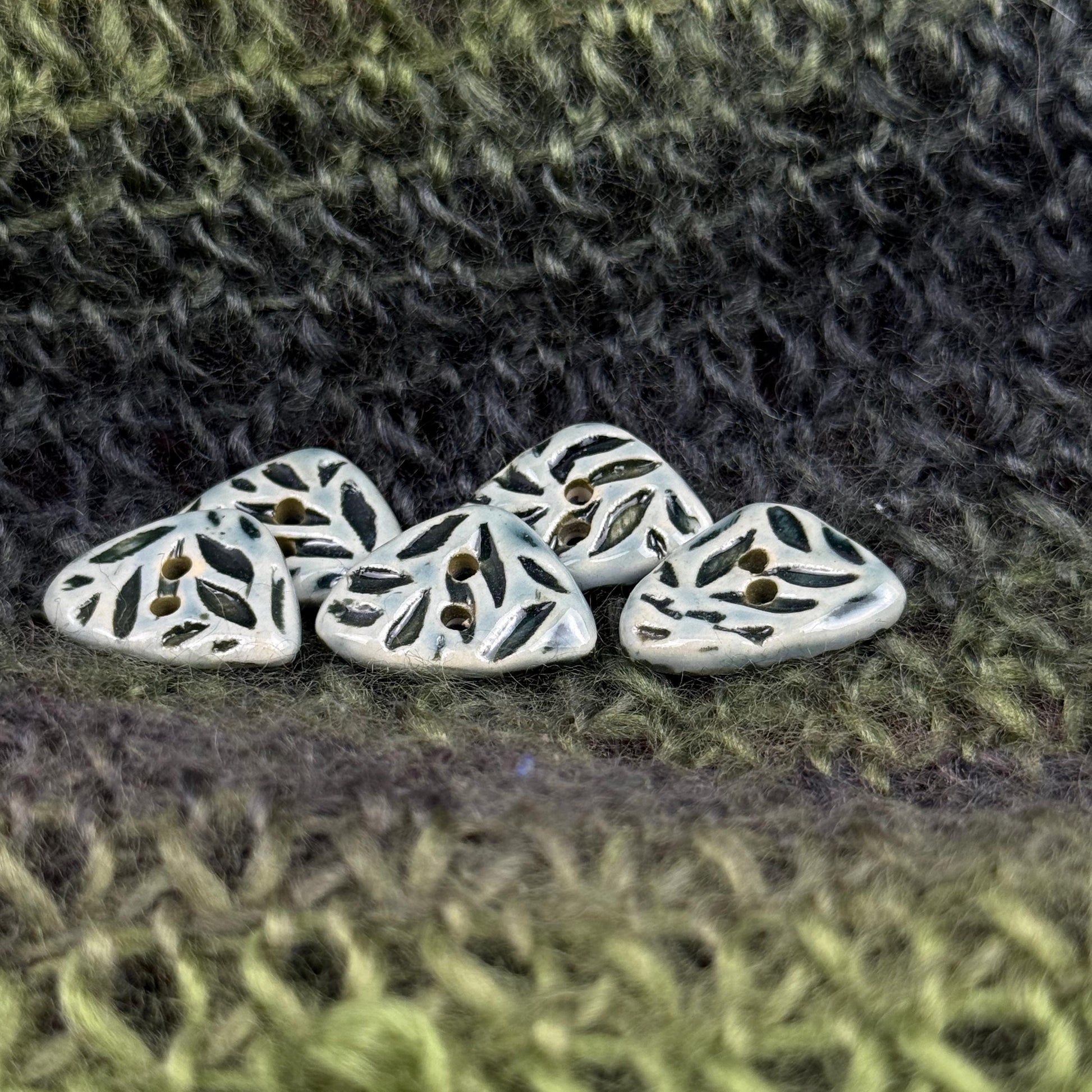 Small Triangular Shaped Buttons in Light Sage with Dark Sage Leaf Pattern