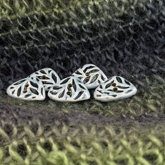 Small Triangular Shaped Buttons in Light Sage with Dark Sage Leaf Pattern