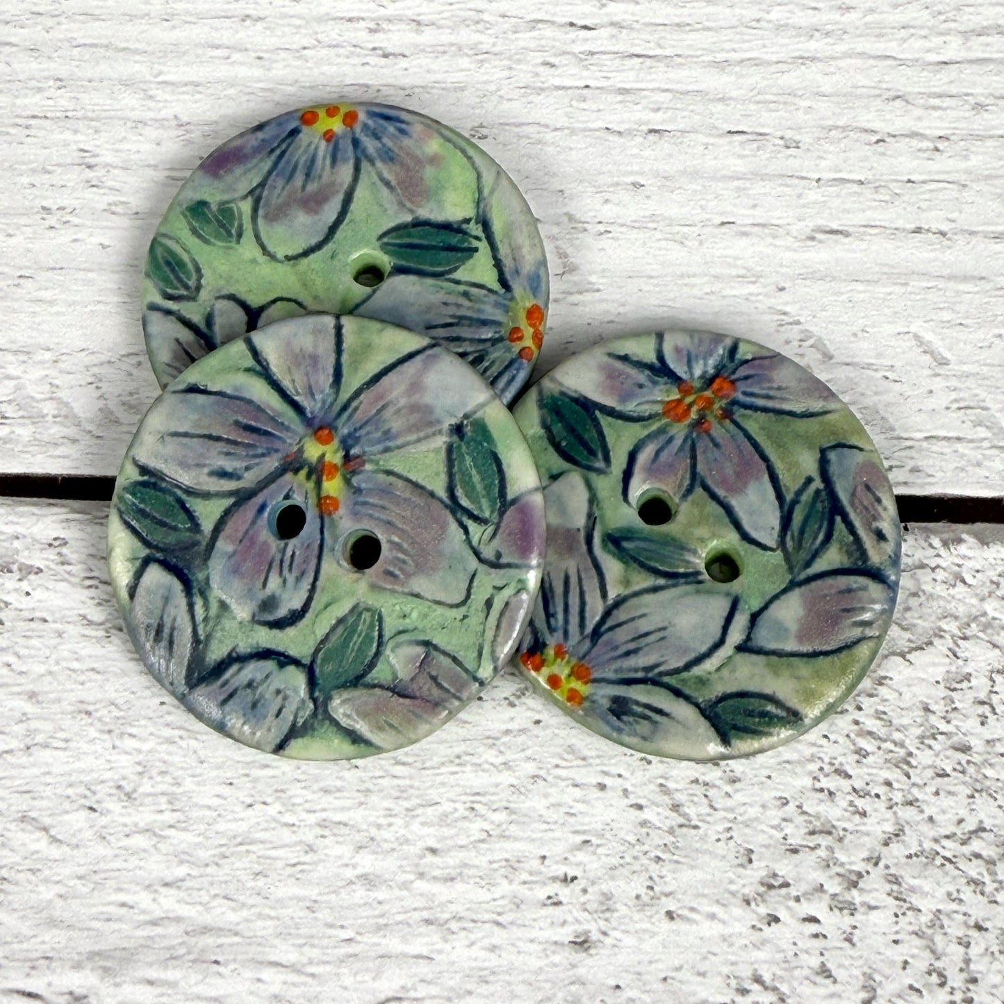 Purple Flowers on Green Round Buttons