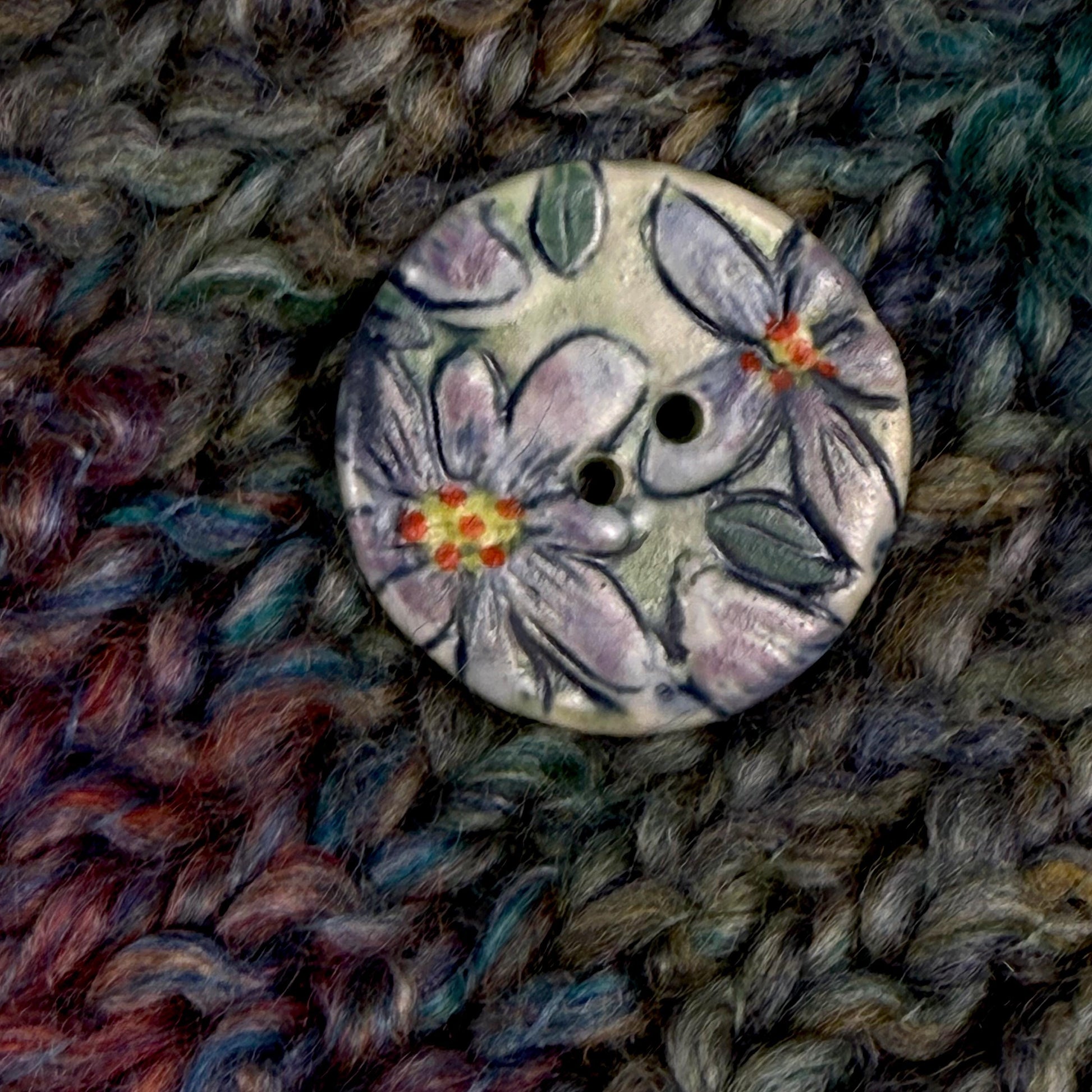Purple Flowers on Green Round Buttons
