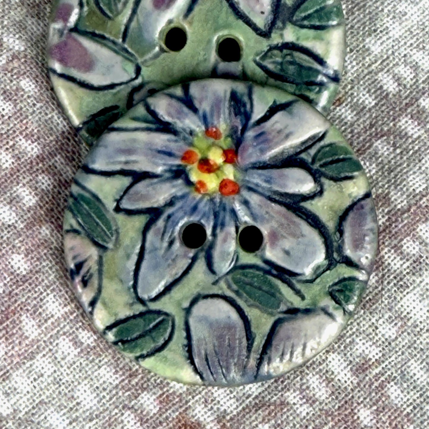 Purple Flowers on Green Round Buttons