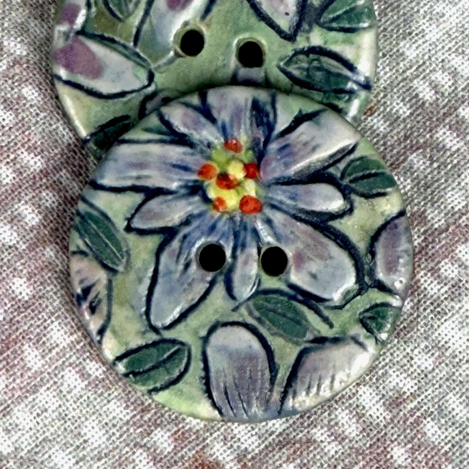 Purple Flowers on Green Round Buttons