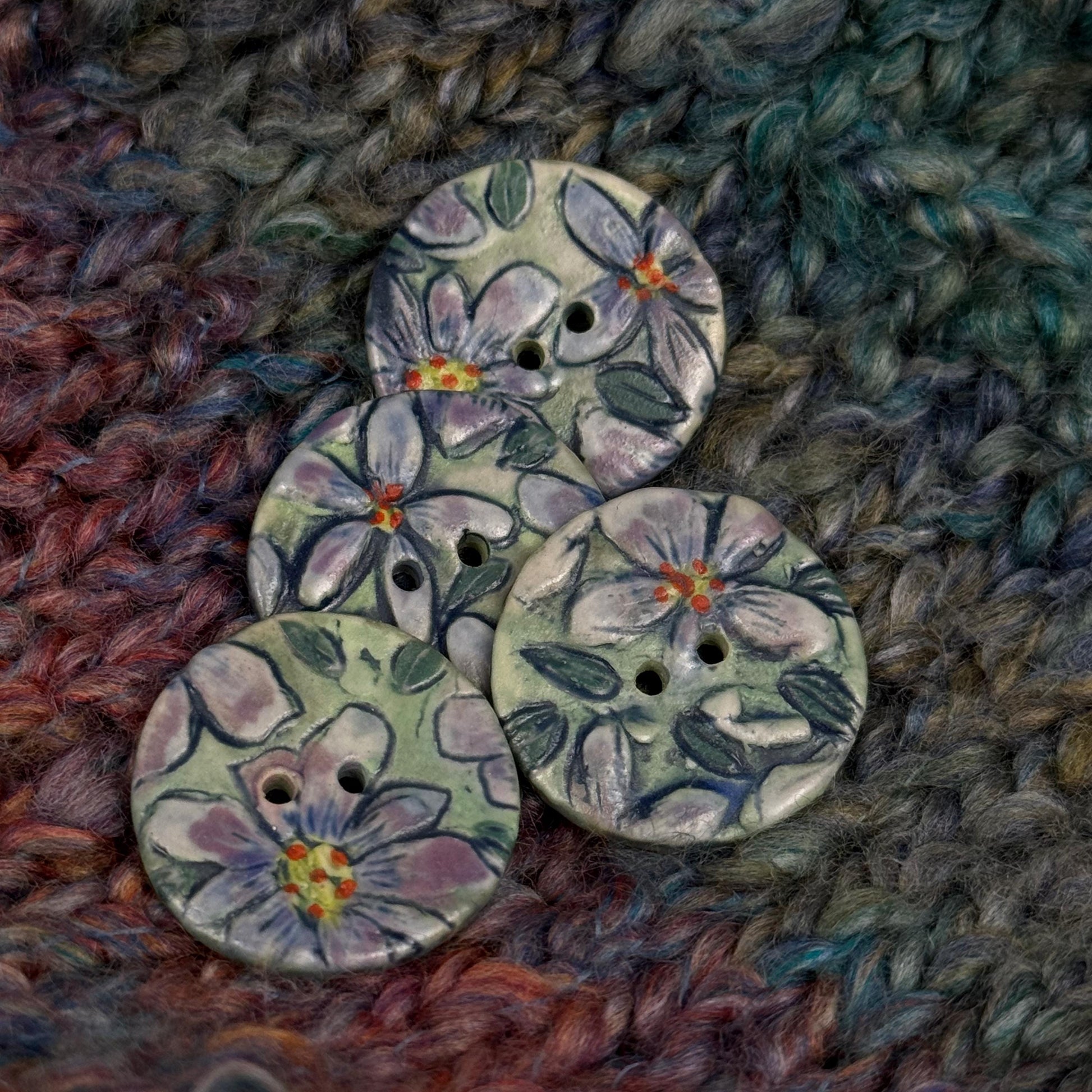 Purple Flowers on Green Round Buttons