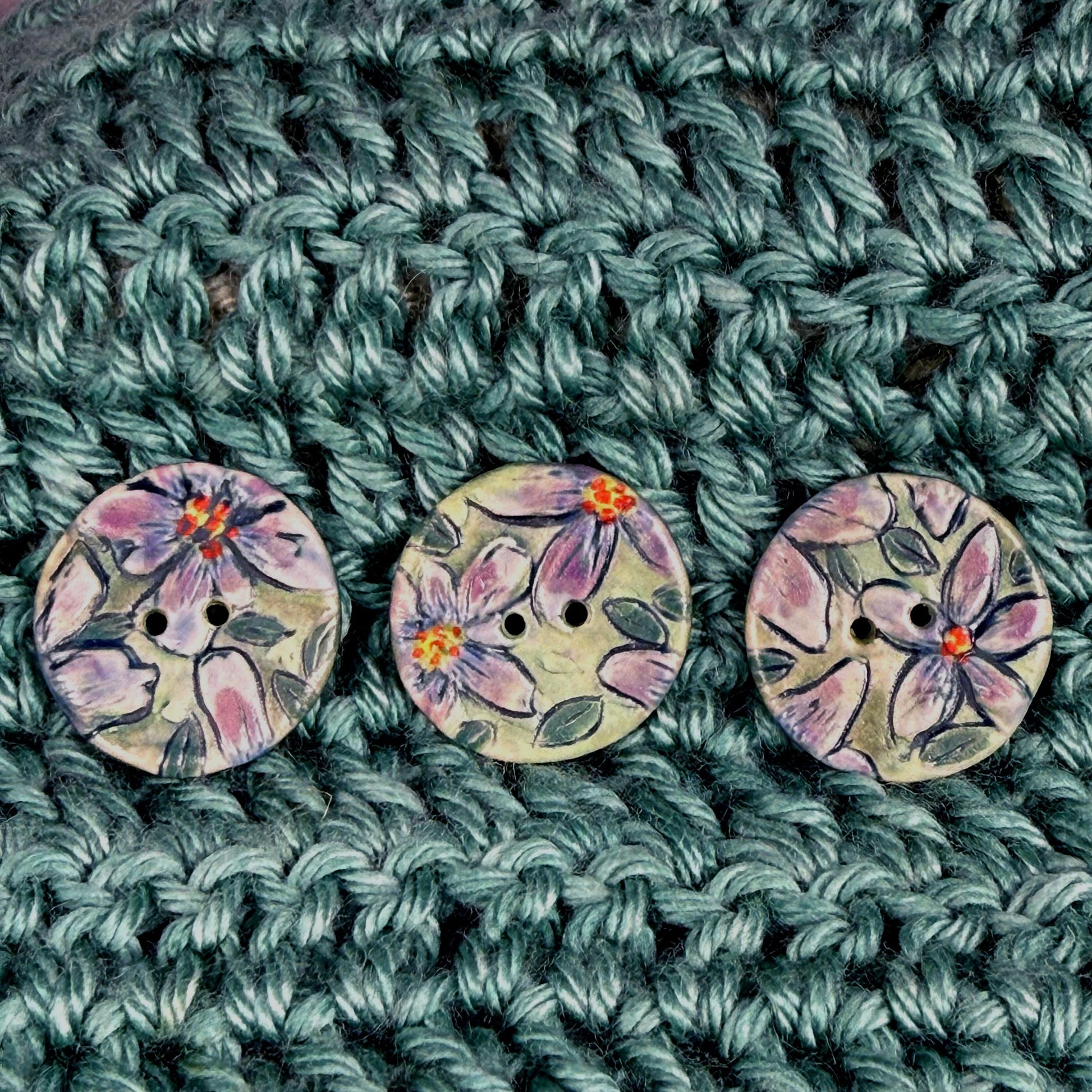 Purple Flowers on Green Round Buttons