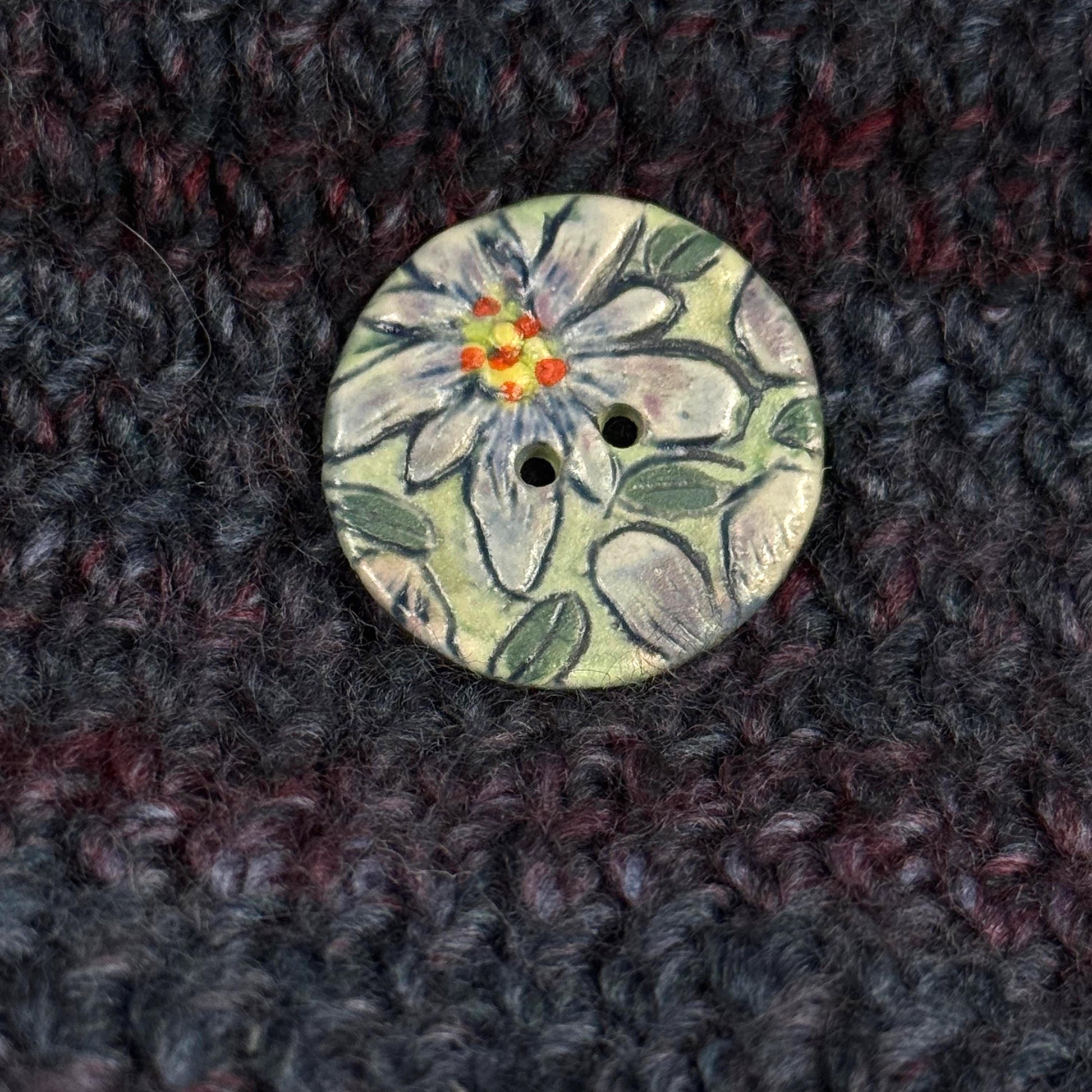 Purple Flowers on Green Round Buttons