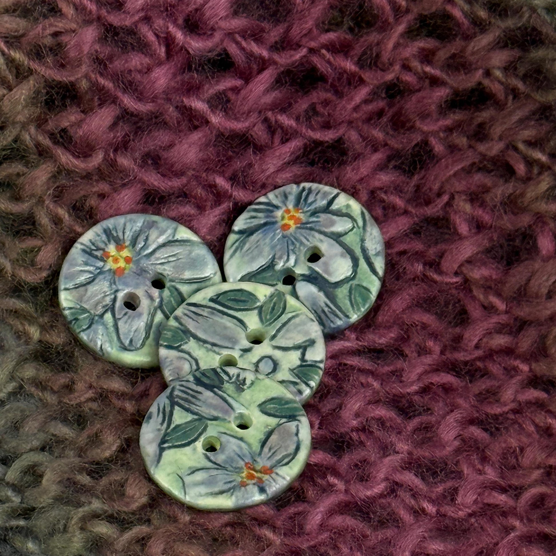 Small Purple Flowers on Green Round Buttons