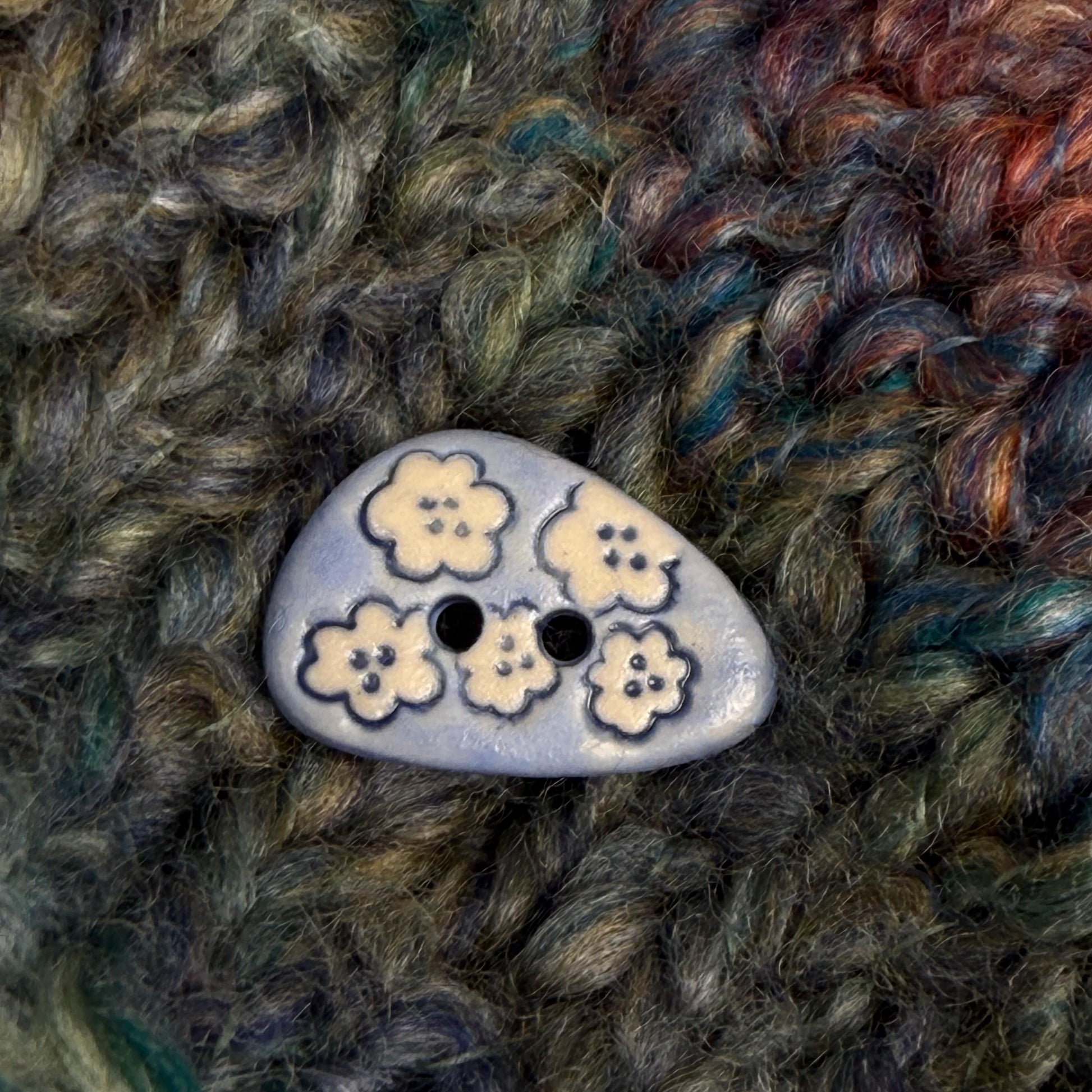 Set of 5 Small Blue Triangular Shaped Buttons with White Flowers