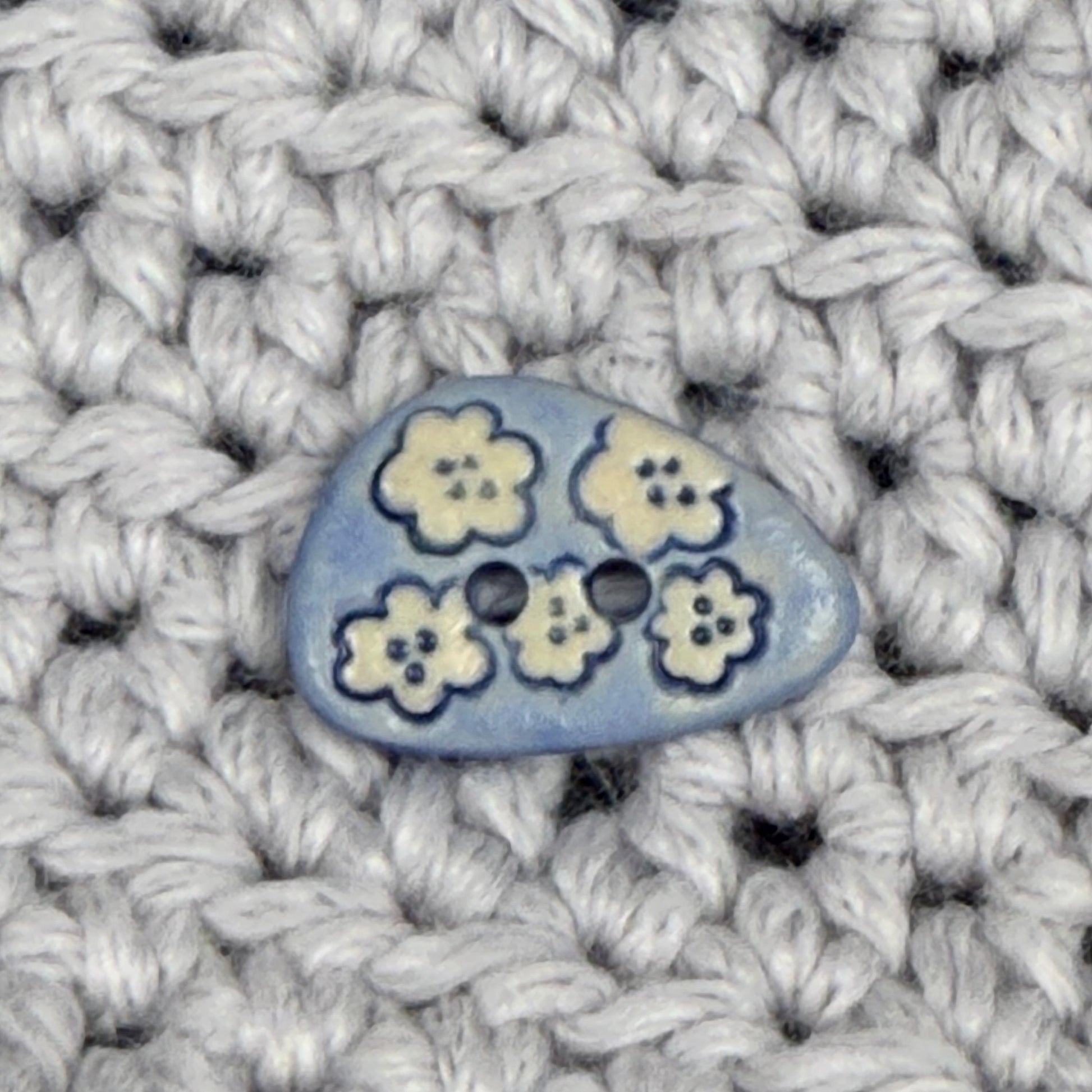 Set of 5 Small Blue Triangular Shaped Buttons with White Flowers