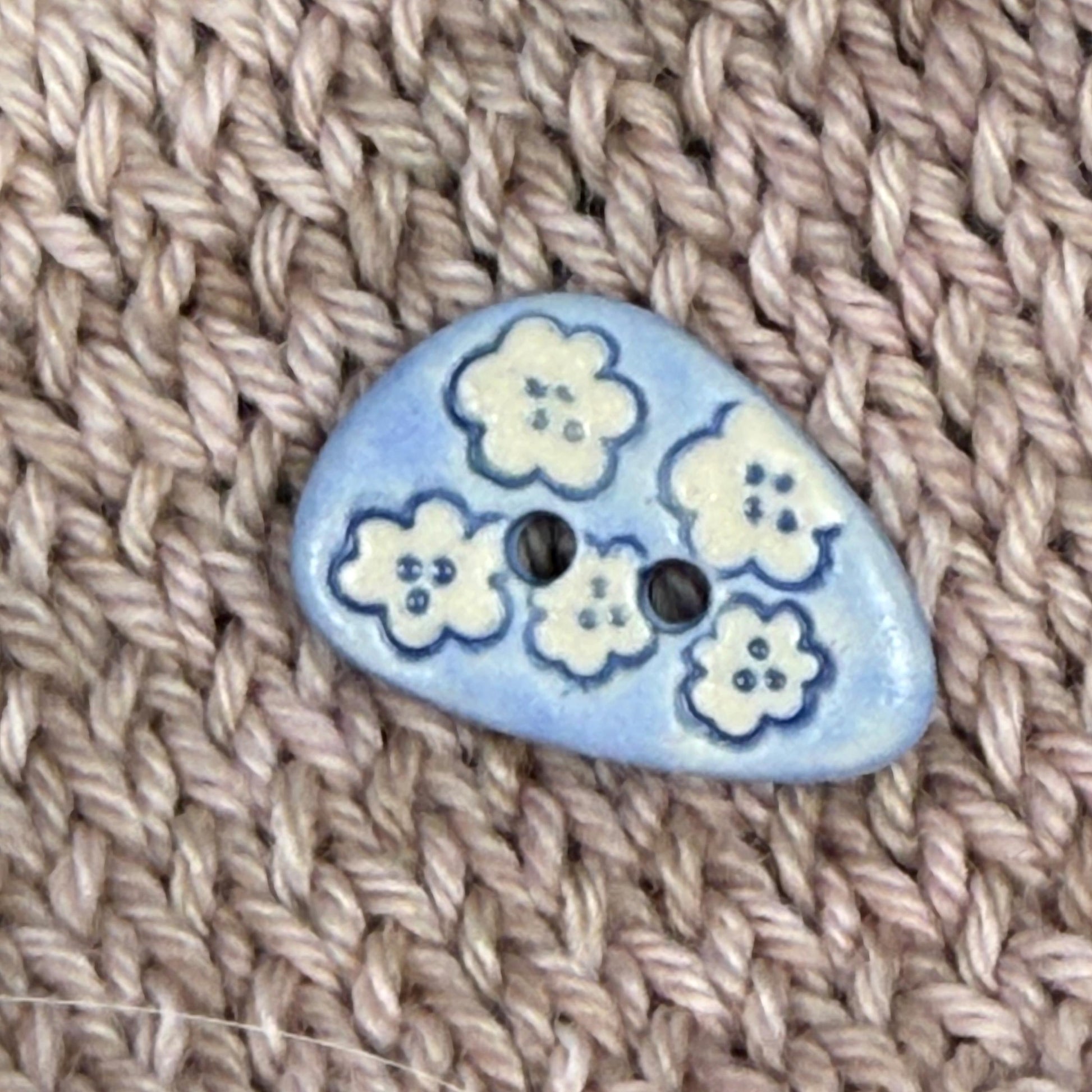 Set of 5 Small Blue Triangular Shaped Buttons with White Flowers