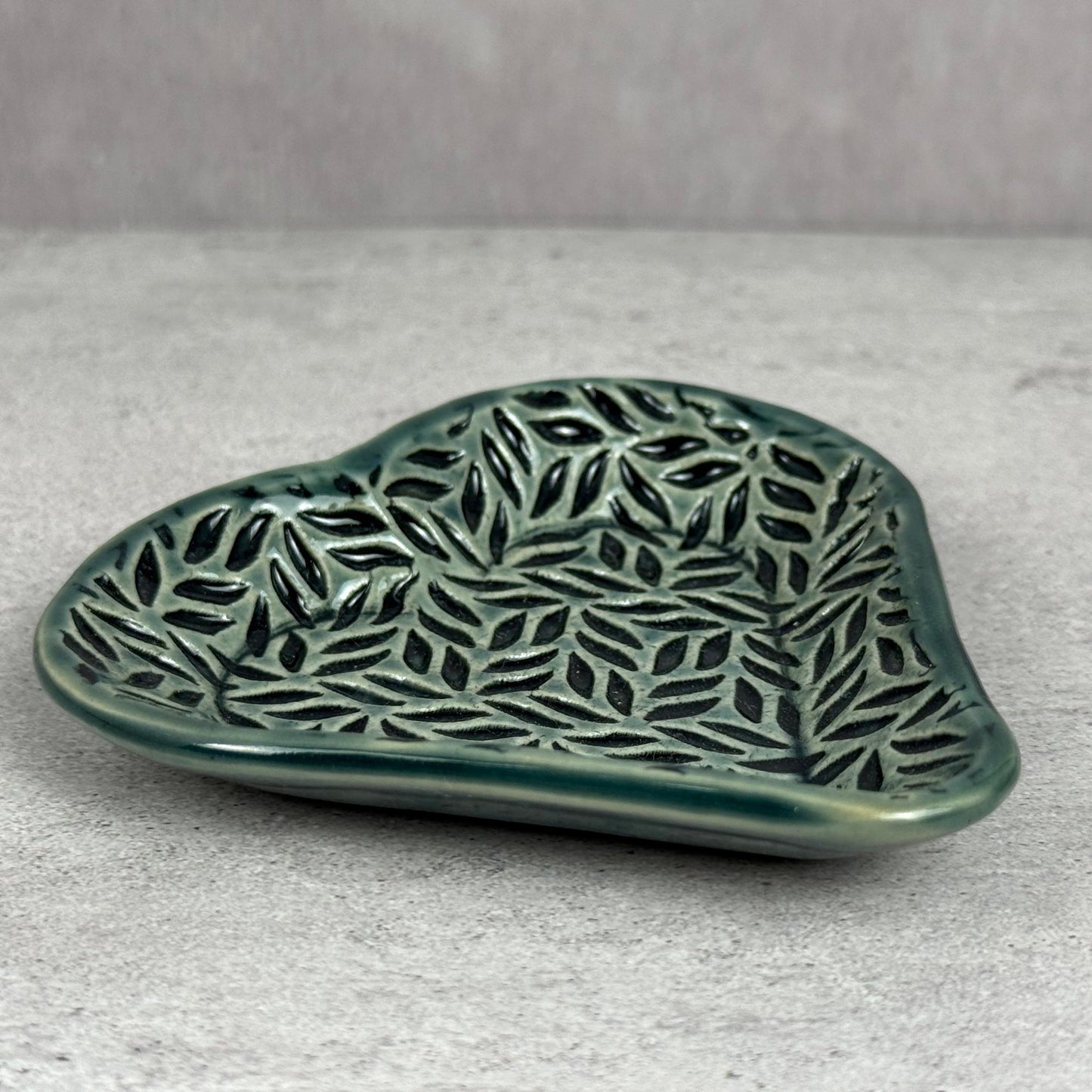 Sage Green Leaf Patterned Heart Shaped Dish