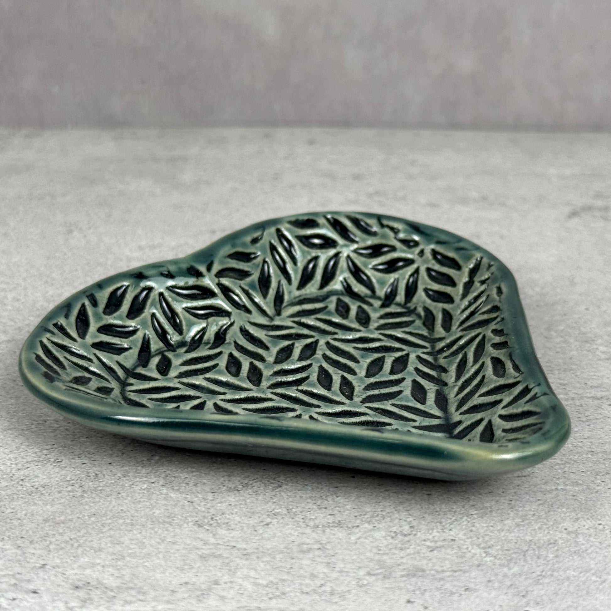 Sage Green Leaf Patterned Heart Shaped Dish