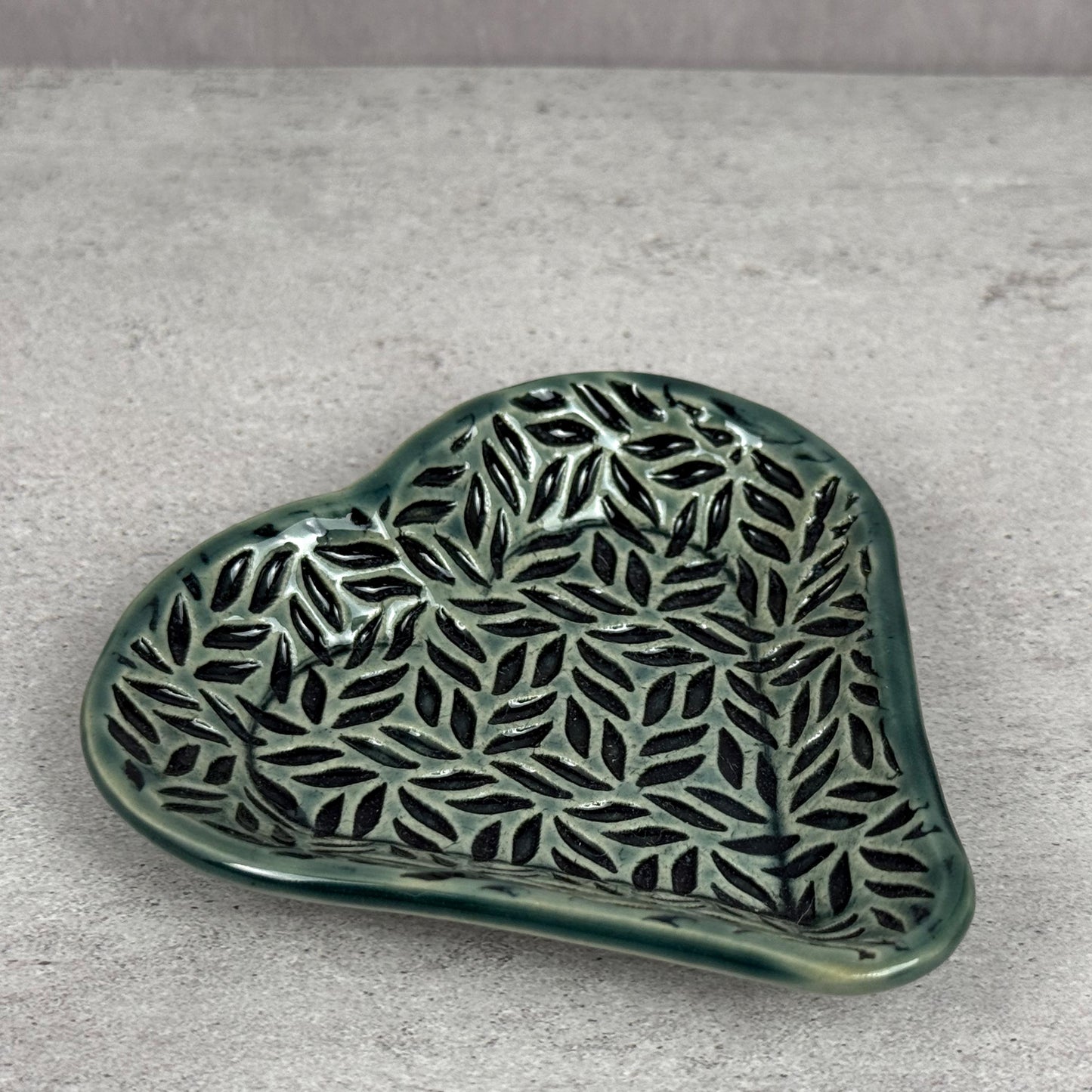 Sage Green Leaf Patterned Heart Shaped Dish