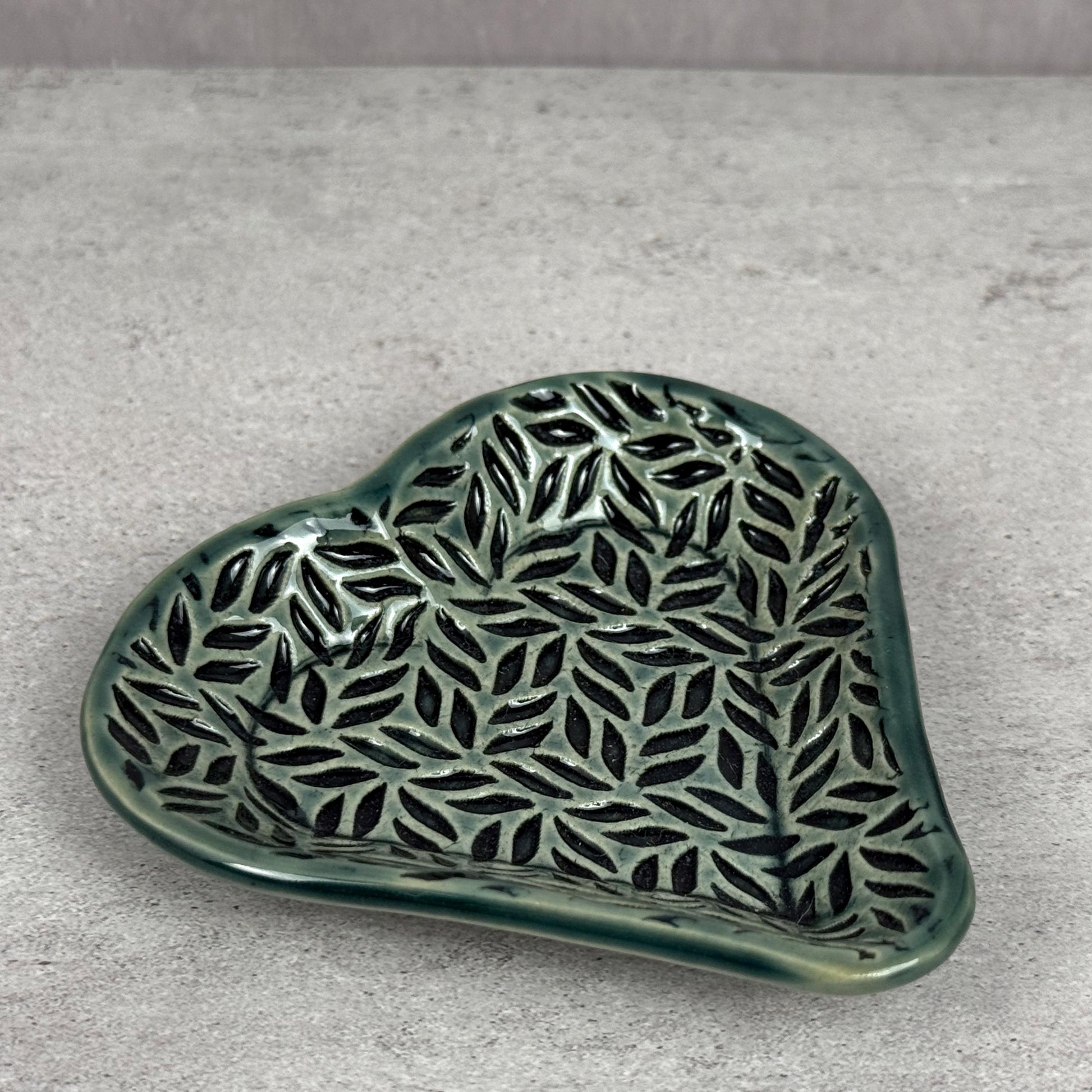 Sage Green Leaf Patterned Heart Shaped Dish